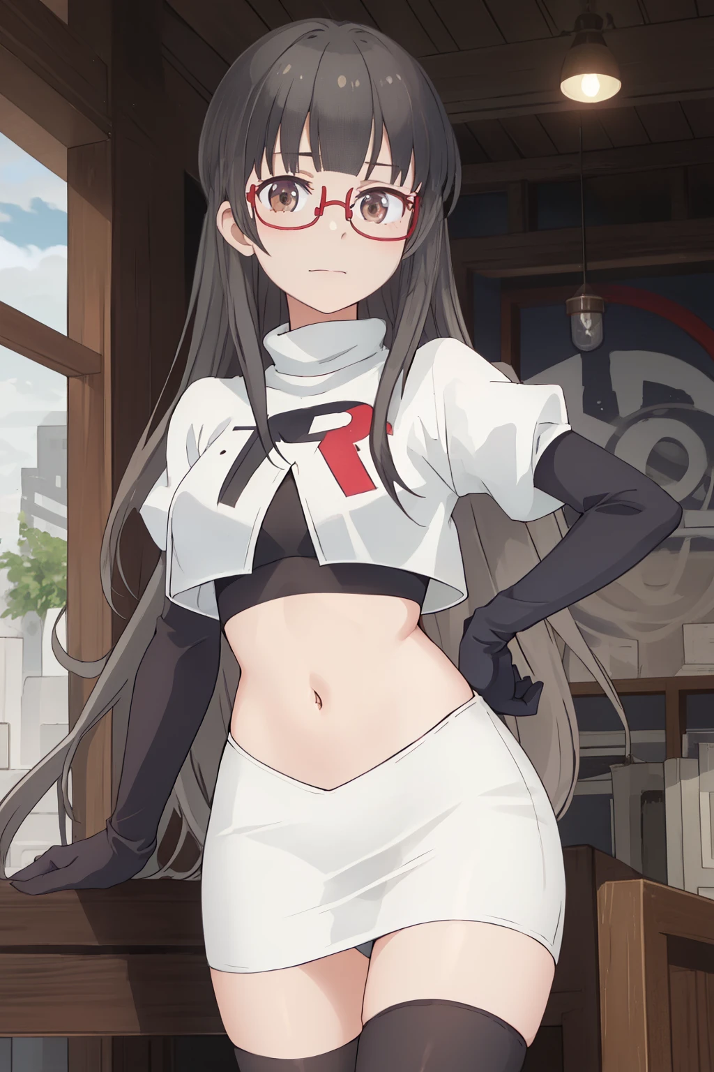 best quality, masterpiece, highres, solo, {hazuki_shizuku_newgame:1.15}, glasses, long_hair, red-framed_eyewear, grey_hair, bangs, semi-rimless_eyewear, under-rim_eyewear, brown_eyes, blunt_bangs, team rocket,team rocket uniform,white skirt,red letter R,crop top,black thigh-highs,black elbow gloves