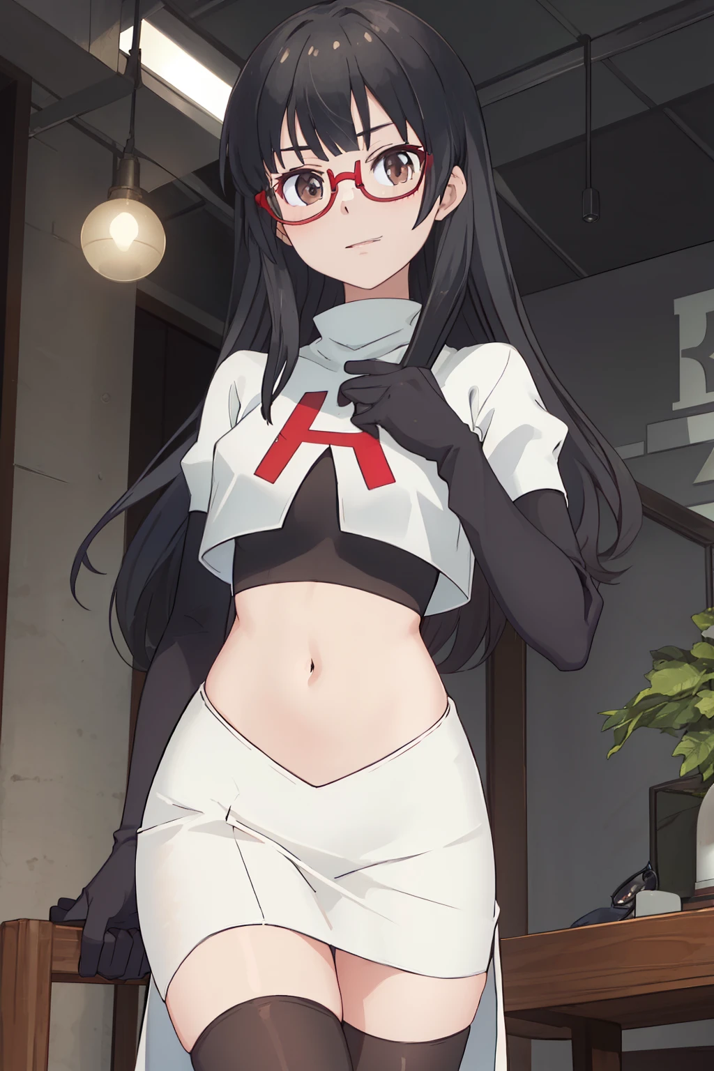 best quality, masterpiece, highres, solo, {hazuki_shizuku_newgame:1.15}, glasses, long_hair, red-framed_eyewear, grey_hair, bangs, semi-rimless_eyewear, under-rim_eyewear, brown_eyes, blunt_bangs, team rocket,team rocket uniform,white skirt,red letter R,crop top,black thigh-highs,black elbow gloves