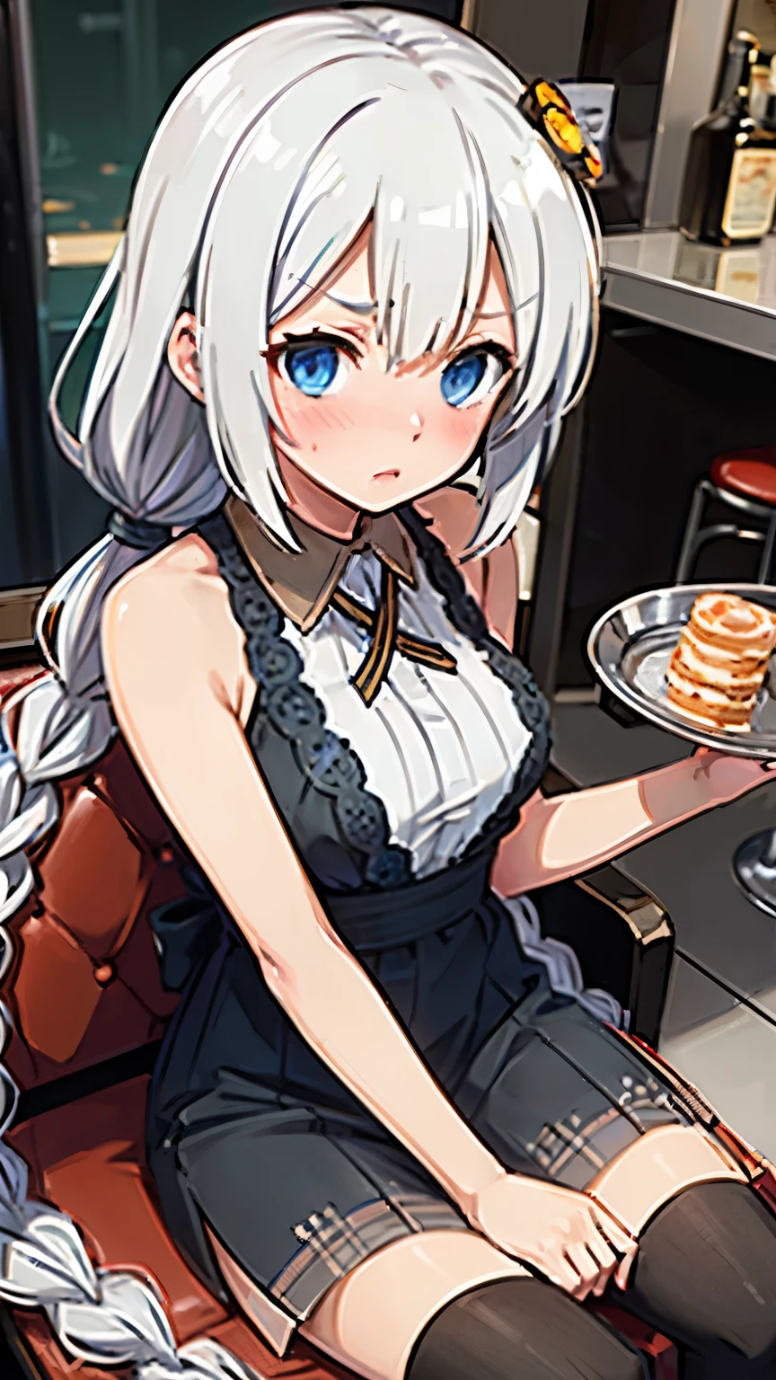 masterpiece,best quality,highres,ultra-detailed,aakari,blue eyes,long hair,ahoge,bangs,twin braids,hair ornament,clerk,casino,holding tray,embarrassed,blush,sitting,