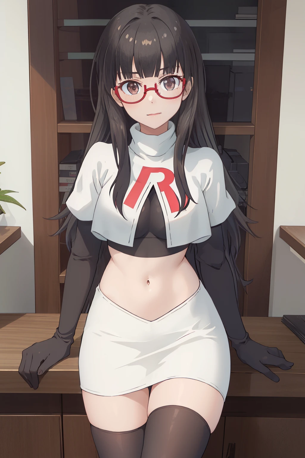 best quality, masterpiece, highres, solo, {hazuki_shizuku_newgame:1.15}, glasses, long_hair, red-framed_eyewear, grey_hair, bangs, semi-rimless_eyewear, under-rim_eyewear, brown_eyes, blunt_bangs, team rocket,team rocket uniform,white skirt,red letter R,crop top,black thigh-highs,black elbow gloves