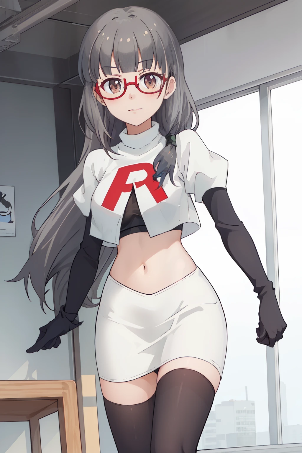 best quality, masterpiece, highres, solo, {hazuki_shizuku_newgame:1.15}, glasses, long_hair, red-framed_eyewear, grey_hair, bangs, semi-rimless_eyewear, under-rim_eyewear, brown_eyes, blunt_bangs, team rocket,team rocket uniform,white skirt,red letter R,crop top,black thigh-highs,black elbow gloves