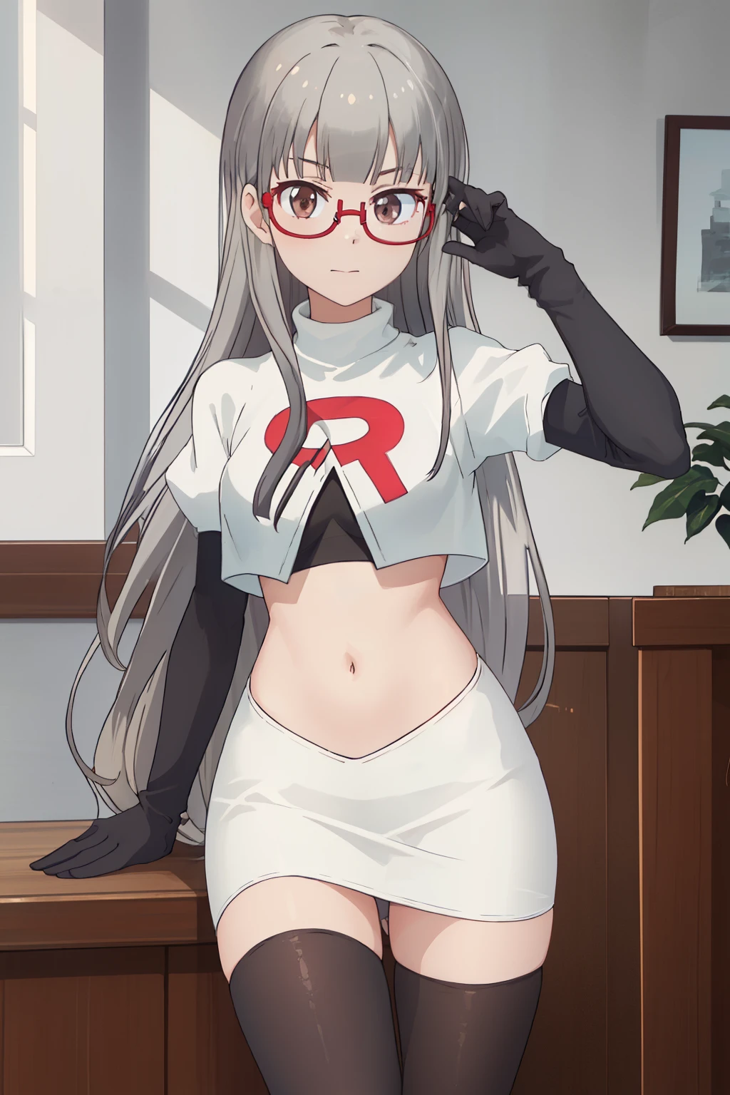 best quality, masterpiece, highres, solo, {hazuki_shizuku_newgame:1.15}, glasses, long_hair, red-framed_eyewear, grey_hair, bangs, semi-rimless_eyewear, under-rim_eyewear, brown_eyes, blunt_bangs, team rocket,team rocket uniform,white skirt,red letter R,crop top,black thigh-highs,black elbow gloves