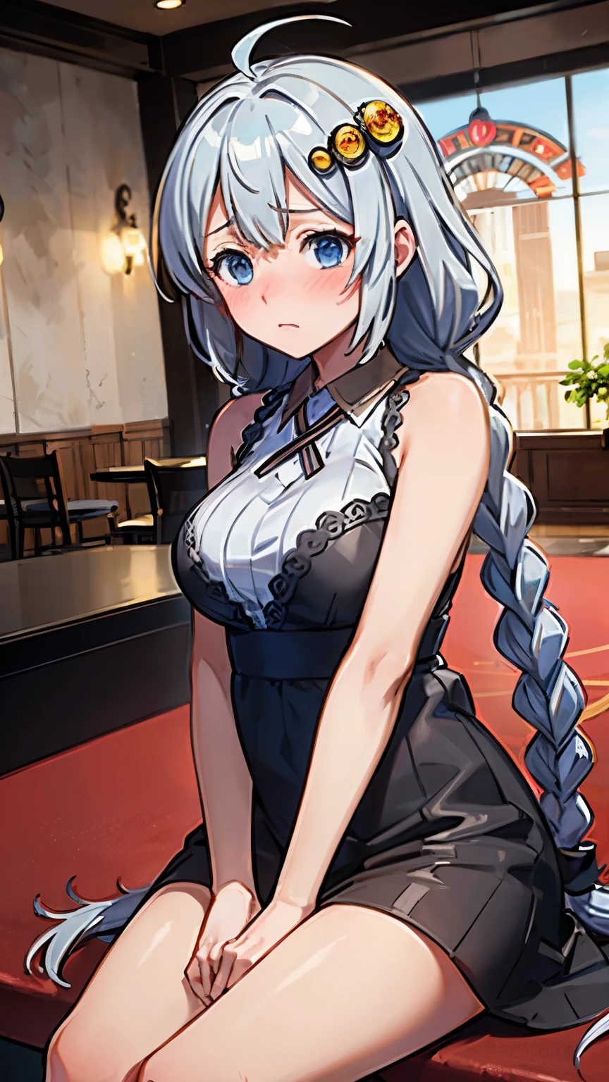 (masterpiece), (best quality), highres, kei1, 1girl, solo, blue eyes, long hair, (wears a red Venezuelan gala dress), ribbon, bangs, collarbone, (gray hair), black hair band, neck ribbon, hair between eyes, medium breasts, cowboy shot, smile, (anatomically correct full body), this inside a Venezuelan house, detailed full escenario