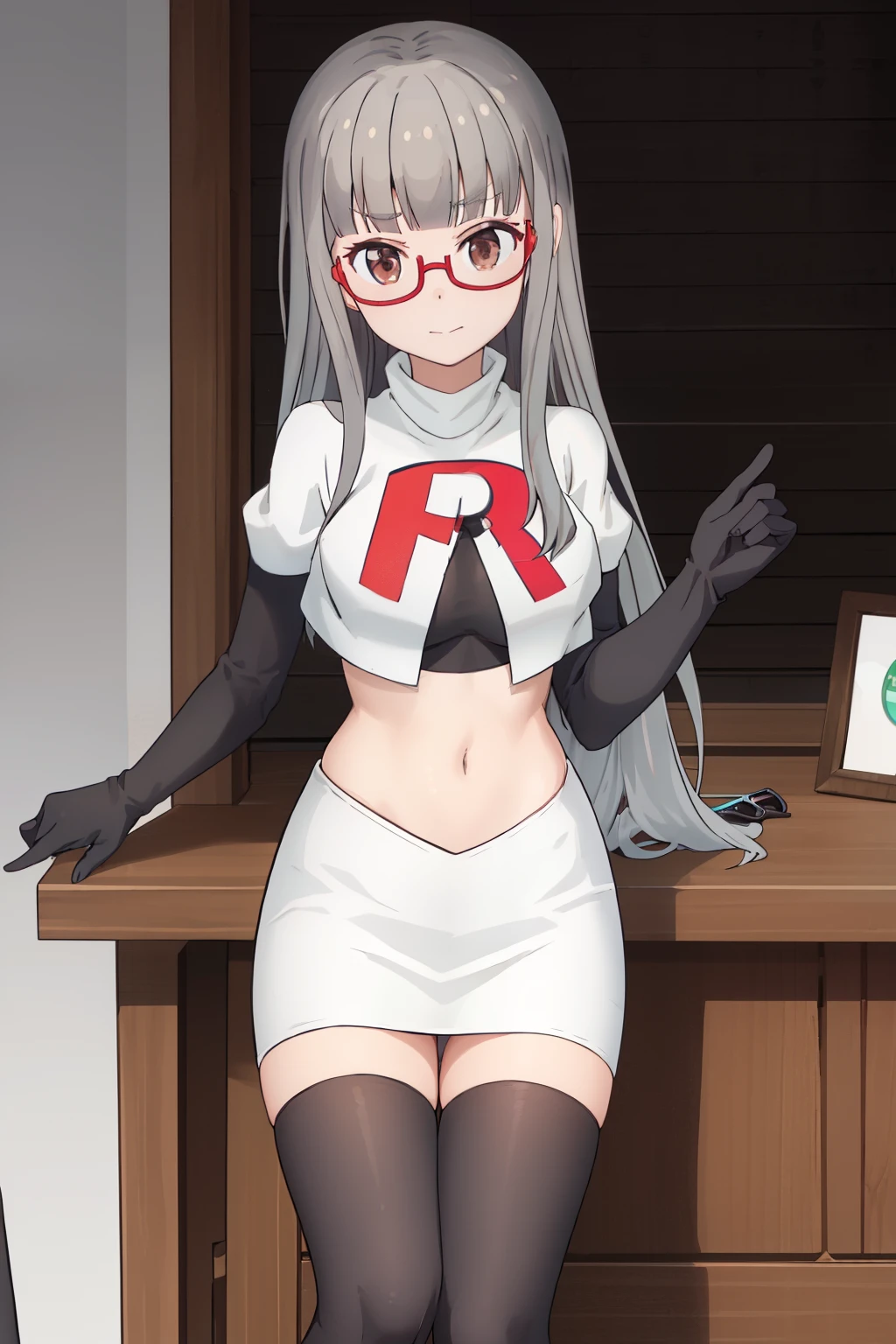 best quality, masterpiece, highres, solo, {hazuki_shizuku_newgame:1.15}, glasses, long_hair, red-framed_eyewear, grey_hair, bangs, semi-rimless_eyewear, under-rim_eyewear, brown_eyes, blunt_bangs, team rocket,team rocket uniform,white skirt,red letter R,crop top,black thigh-highs,black elbow gloves