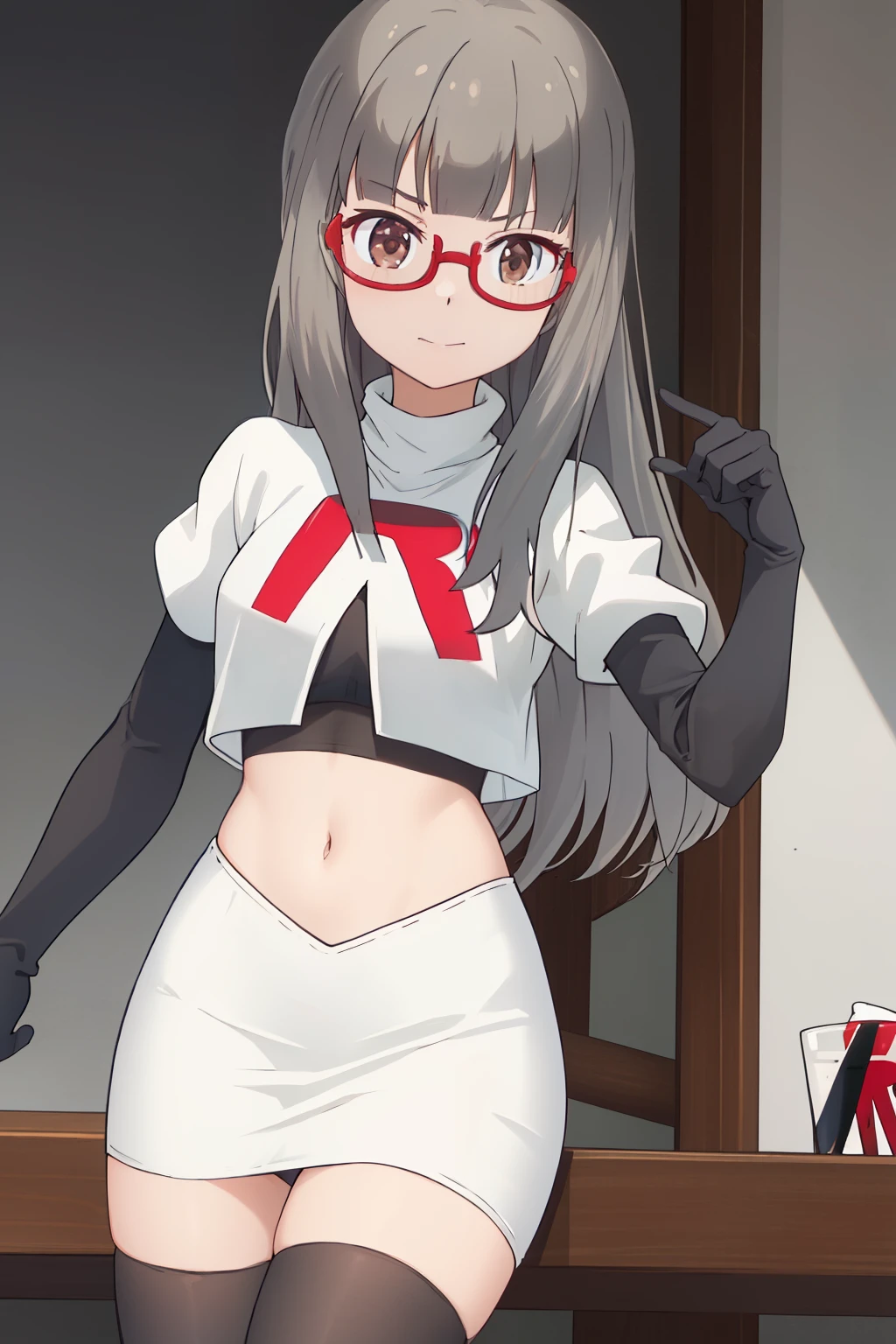 best quality, masterpiece, highres, solo, {hazuki_shizuku_newgame:1.15}, glasses, long_hair, red-framed_eyewear, grey_hair, bangs, semi-rimless_eyewear, under-rim_eyewear, brown_eyes, blunt_bangs, team rocket,team rocket uniform,white skirt,red letter R,crop top,black thigh-highs,black elbow gloves