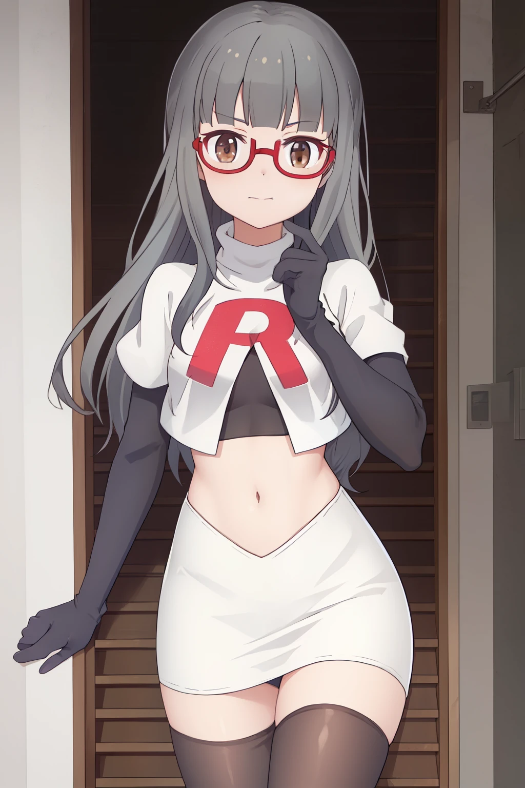 best quality, masterpiece, highres, solo, {hazuki_shizuku_newgame:1.15}, glasses, long_hair, red-framed_eyewear, grey_hair, bangs, semi-rimless_eyewear, under-rim_eyewear, brown_eyes, blunt_bangs, team rocket,team rocket uniform,white skirt,red letter R,crop top,black thigh-highs,black elbow gloves