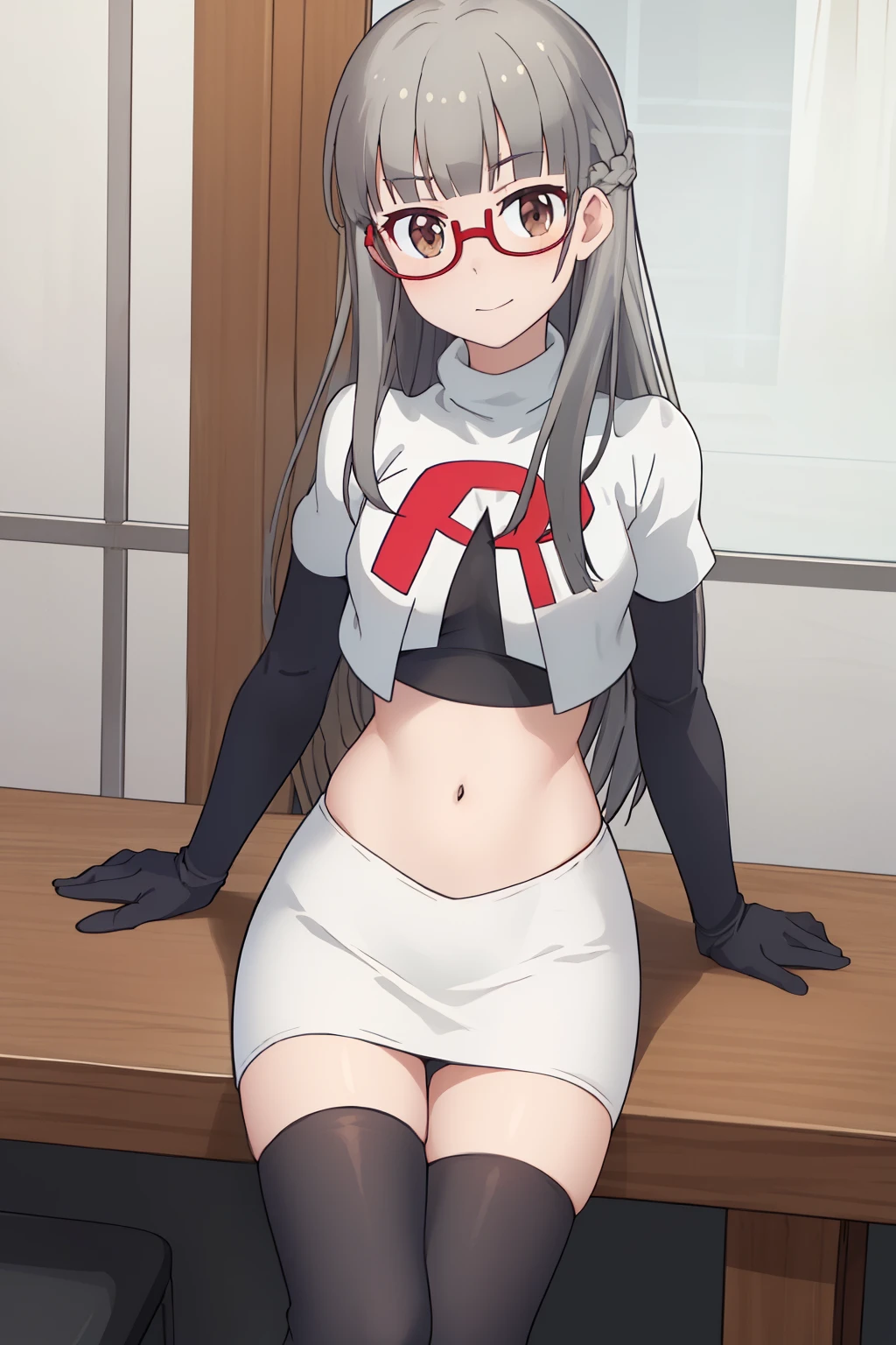 best quality, masterpiece, highres, solo, {hazuki_shizuku_newgame:1.15}, glasses, long_hair, red-framed_eyewear, grey_hair, bangs, semi-rimless_eyewear, under-rim_eyewear, brown_eyes, blunt_bangs, team rocket,team rocket uniform,white skirt,red letter R,crop top,black thigh-highs,black elbow gloves