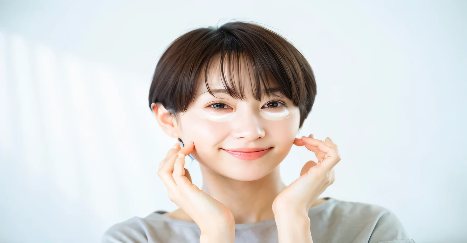 there is a woman with a white shirt holding her hands up to her face, woman with porcelain skin, focus on generate the face, symmetrical facial, smooth oval shape face, with round face, with round cheeks, soft oval face, hands shielding face, by Tadashi Nakayama, visible face!, ad image, japanese facial features, symetrical facial