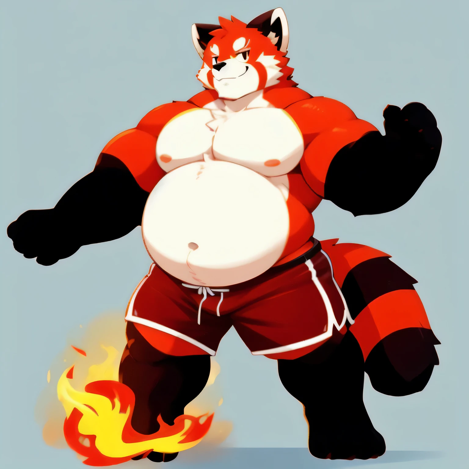 Huta,boys,Species is red panda,black foot,Black,orange-red calf,orange-red thighs,orange-red arms,The belly is white,Orange-red meat pads,Flame-like patterns on the body,The figure is rounder and fatter,shorts,4 fingers,4 toes,Round belly、flatter