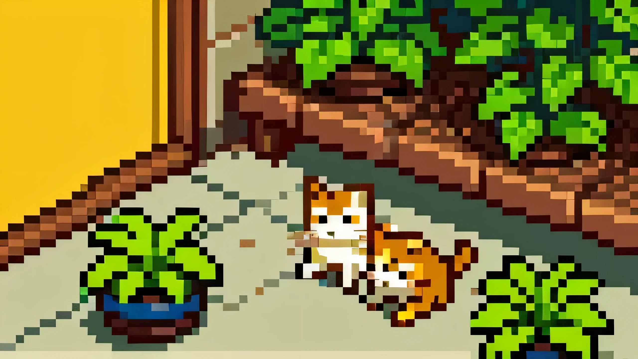 (arte de pixel), (melhor qualidade), (obra de arte), jardim, vasos de plantas, Gatos, plantas, flor, luz do sol.