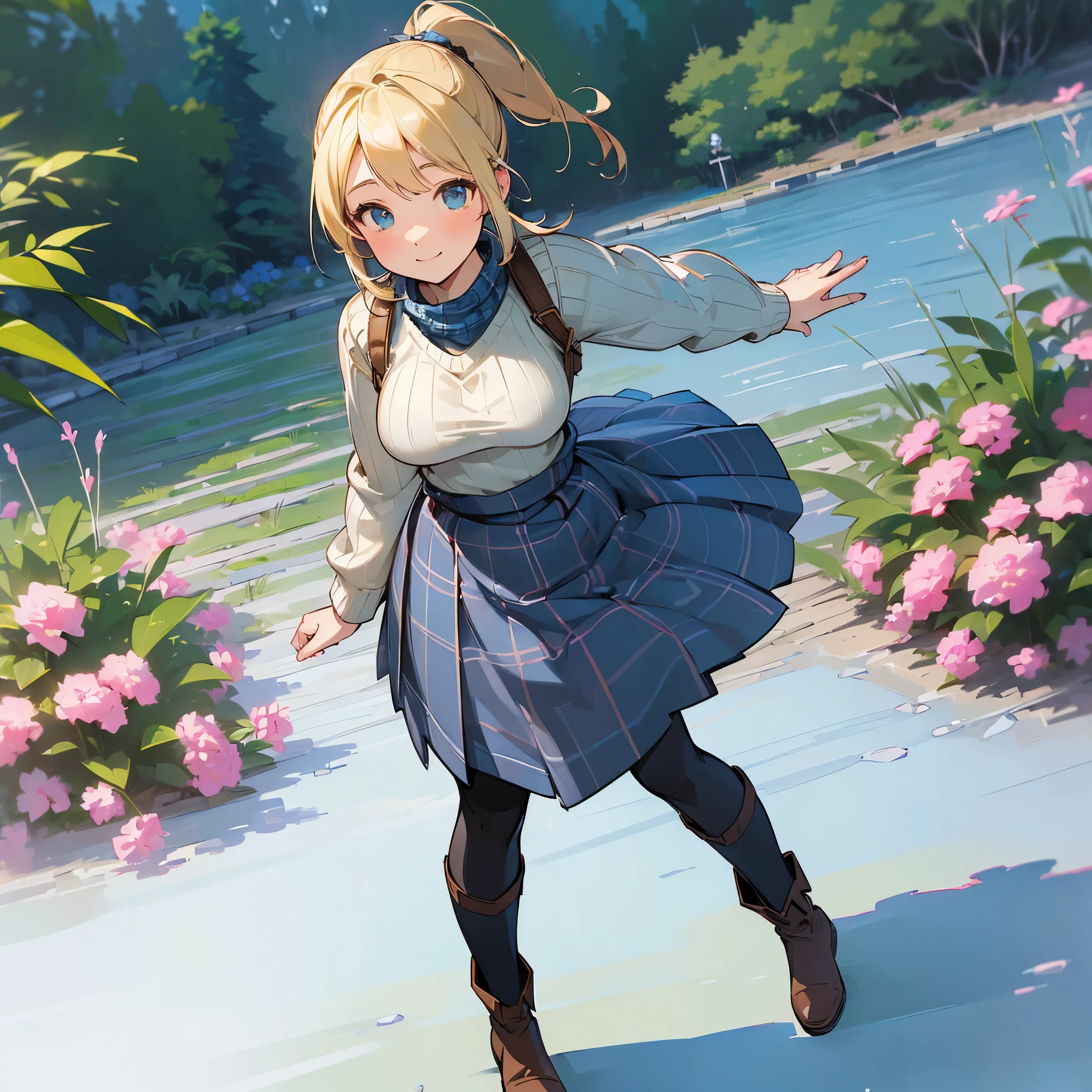(high quality, high resolution, Super detailed, Reality:1.37), peaceful atmosphere, (outdoor, garden), age girl standing alone, (My breasts are big.), Beautiful detailed features, cute smile, (Blonde ponytail), ribbed sweater, blue plaid skirt, Black tights, brown boots.