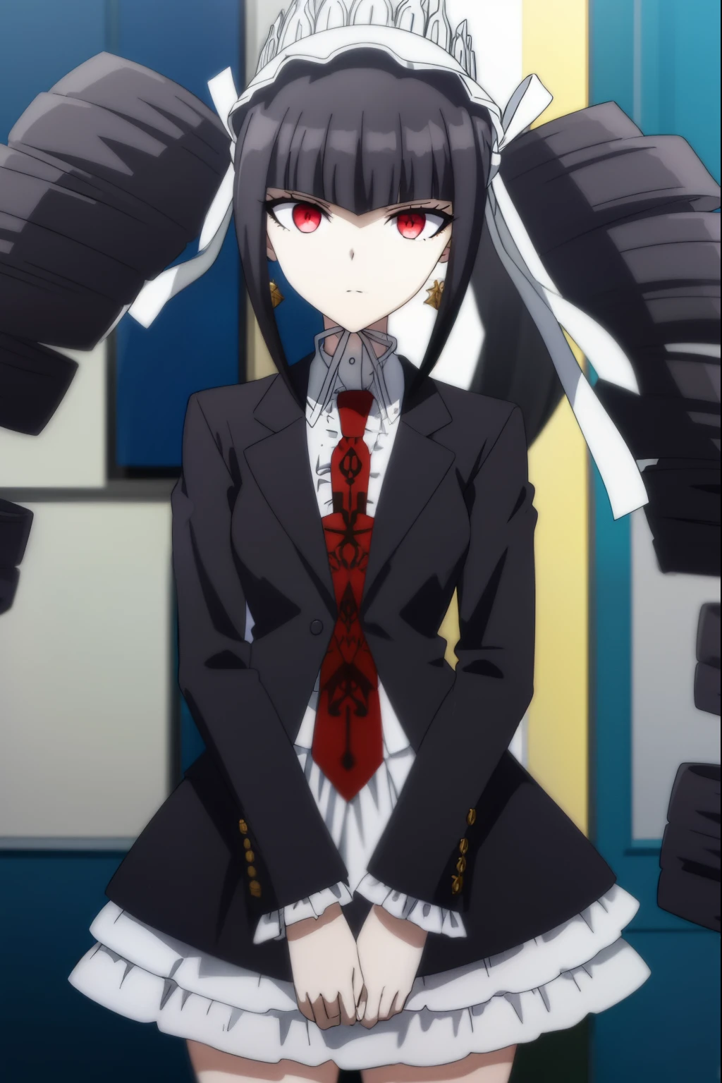 celestialudenberg, celestia ludenberg, long hair, bangs, black hair, (red eyes:1.3), long sleeves, twintails, drill hair, twin drills,
BREAK skirt, shirt, black hair, long sleeves, jewelry, jacket, earrings, frills, necktie, black skirt, black jacket, red necktie, bonnet, print necktie,
BREAK outdoors, classroom,
BREAK looking at viewer, (cowboy shot:1.5),
BREAK (masterpiece:1.2), best quality, high resolution, unity 8k wallpaper, (illustration:0.8), (beautiful detailed eyes:1.6), extremely detailed face, perfect lighting, extremely detailed CG, (perfect hands, perfect anatomy),