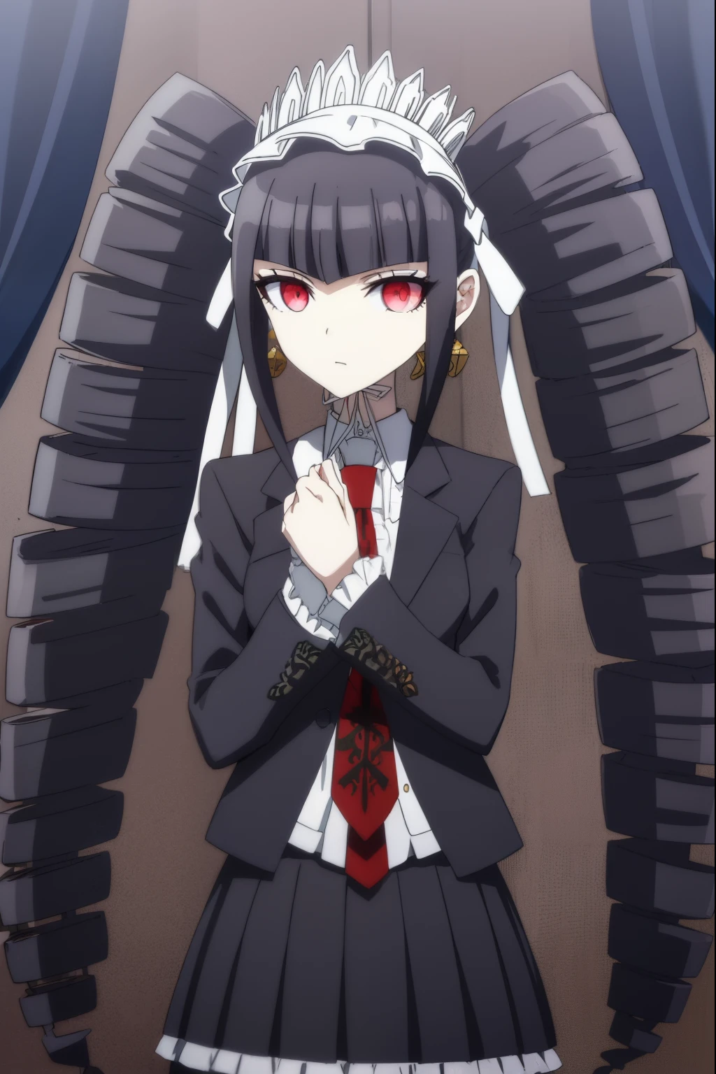 celestialudenberg, celestia ludenberg, long hair, bangs, black hair, (red eyes:1.3), long sleeves, twintails, drill hair, twin drills,
BREAK skirt, shirt, black hair, long sleeves, jewelry, jacket, earrings, frills, necktie, black skirt, black jacket, red necktie, bonnet, print necktie,
BREAK outdoors, classroom,
BREAK looking at viewer, (cowboy shot:1.5),
BREAK (masterpiece:1.2), best quality, high resolution, unity 8k wallpaper, (illustration:0.8), (beautiful detailed eyes:1.6), extremely detailed face, perfect lighting, extremely detailed CG, (perfect hands, perfect anatomy),
