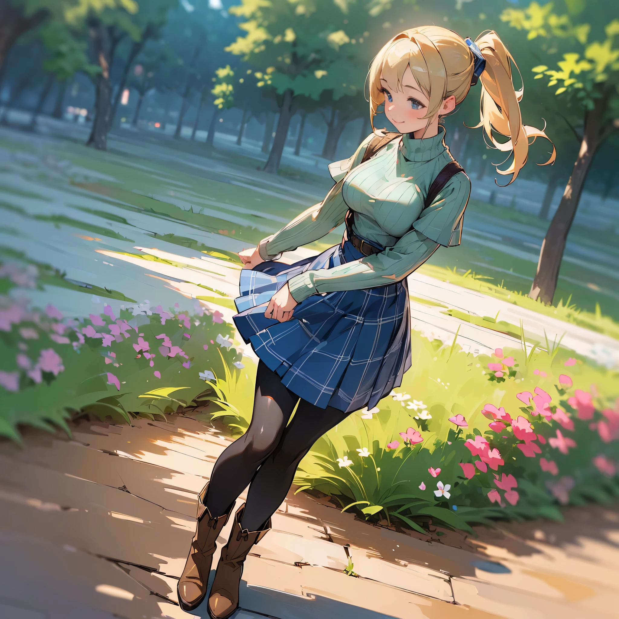 (high quality, high resolution, Super detailed, Reality:1.37), peaceful atmosphere, (outdoor, garden), Teenage girl standing alone, (My breasts are big.), Beautiful detailed features, cute smile, (Blonde ponytail), ribbed sweater, blue plaid skirt, Black tights, brown boots.