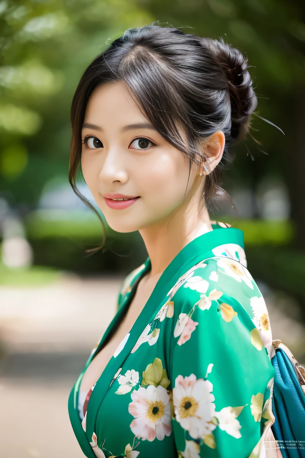 masterpiece、japanese kimono,perfect woman,cleavage between breasts,,,,sexy pose,rich bust,clear,beautiful face,droopy eyes,double eyelid,no makeup,smile,medium hair,black hair,public park,green tree々、Mysterious,high quality,realistic,gravure,Snazzy,japanese landscape、early summer、