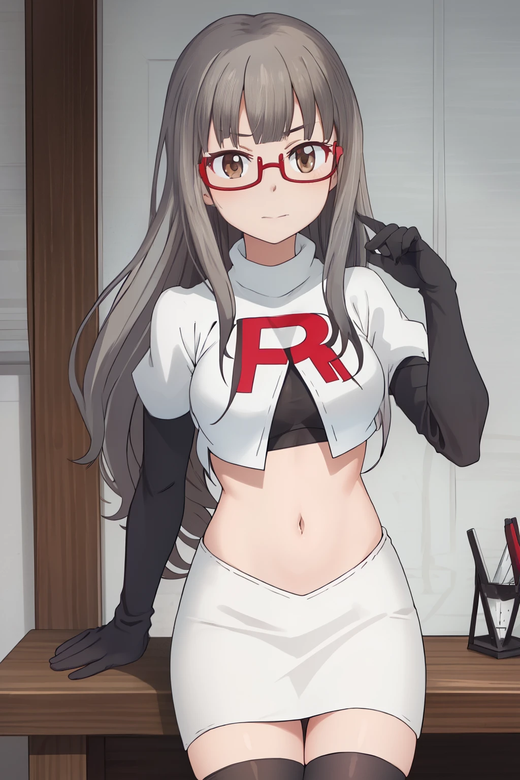 best quality, masterpiece, highres, solo, {hazuki_shizuku_newgame:1.15}, glasses, long_hair, red-framed_eyewear, grey_hair, bangs, semi-rimless_eyewear, under-rim_eyewear, brown_eyes, blunt_bangs, team rocket,team rocket uniform,white skirt,red letter R,crop top,black thigh-highs,black elbow gloves