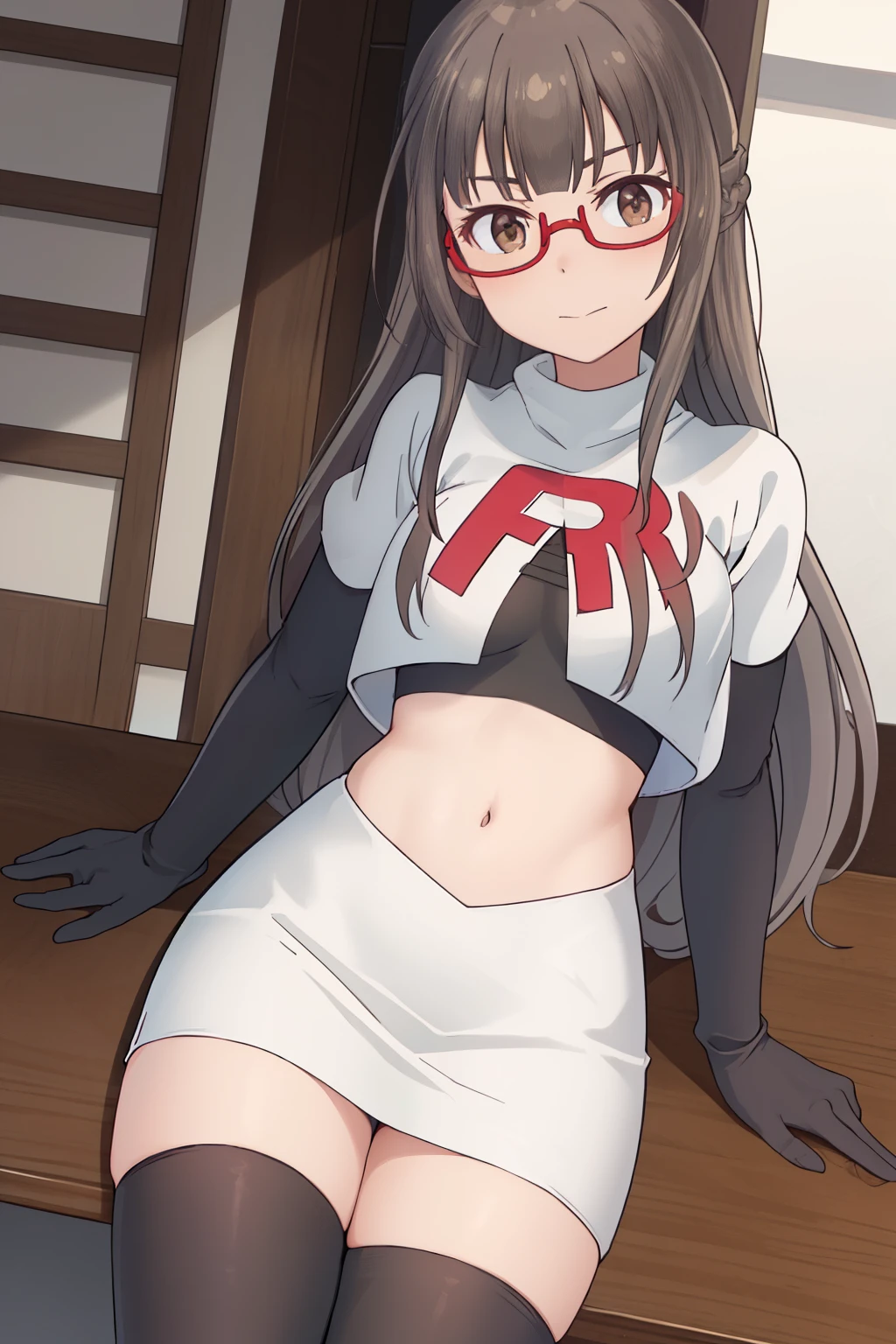 best quality, masterpiece, highres, solo, {hazuki_shizuku_newgame:1.15}, glasses, long_hair, red-framed_eyewear, grey_hair, bangs, semi-rimless_eyewear, under-rim_eyewear, brown_eyes, blunt_bangs, team rocket,team rocket uniform,white skirt,red letter R,crop top,black thigh-highs,black elbow gloves