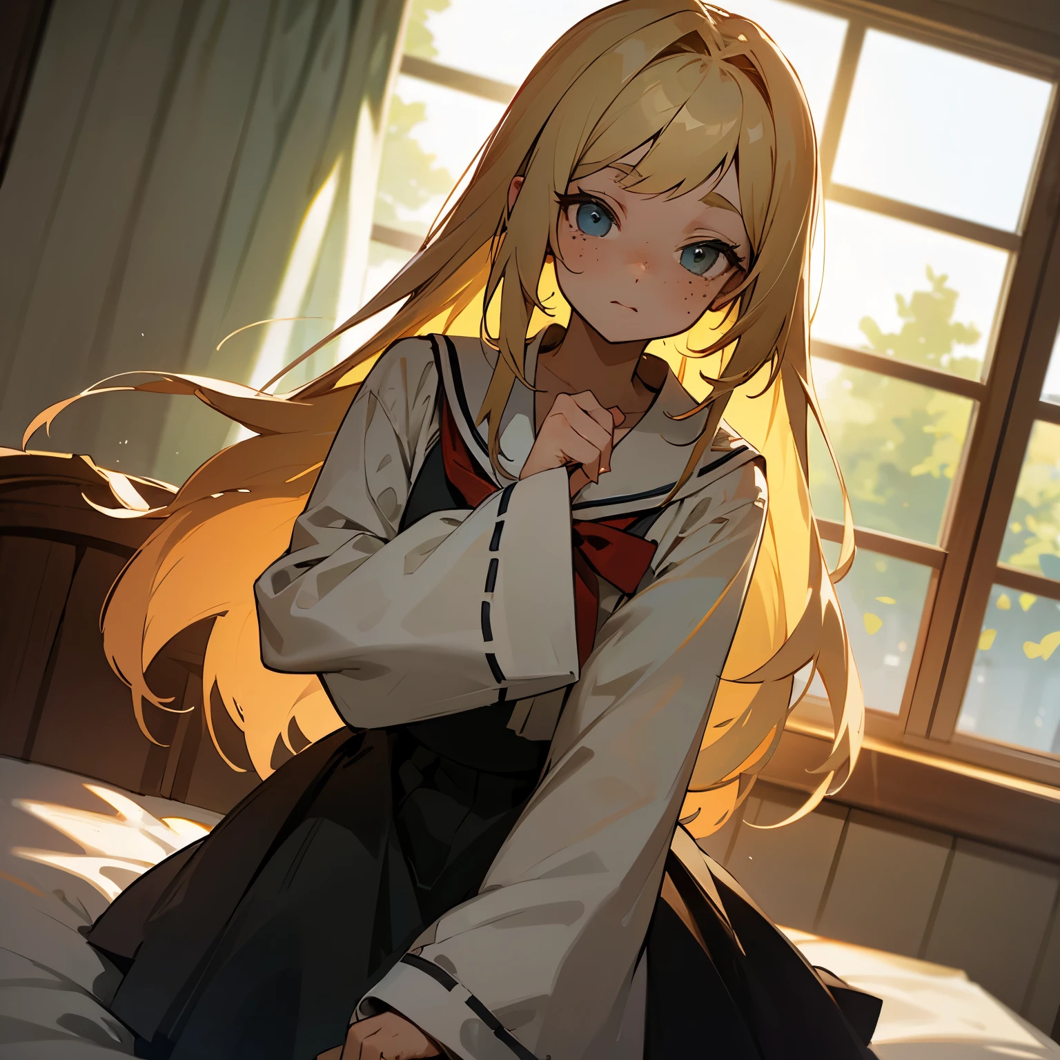 blonde、long hair、double eyelid、Big shirt、Moe sleeves、high school girl、Bad girl、freckles、Way back、room