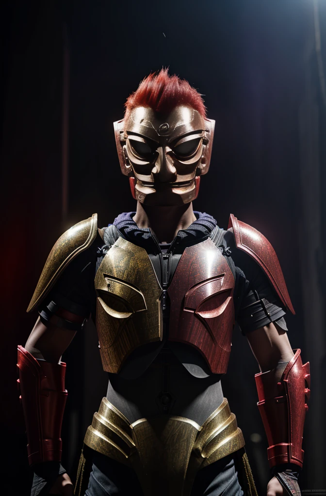 Red hair，man， purple armor, light bearer karoriors, medieval city, dark, fighting, epic, karo, Surrealism, 8k, Super details, karo, fighting against demons, darkness, fear, rain