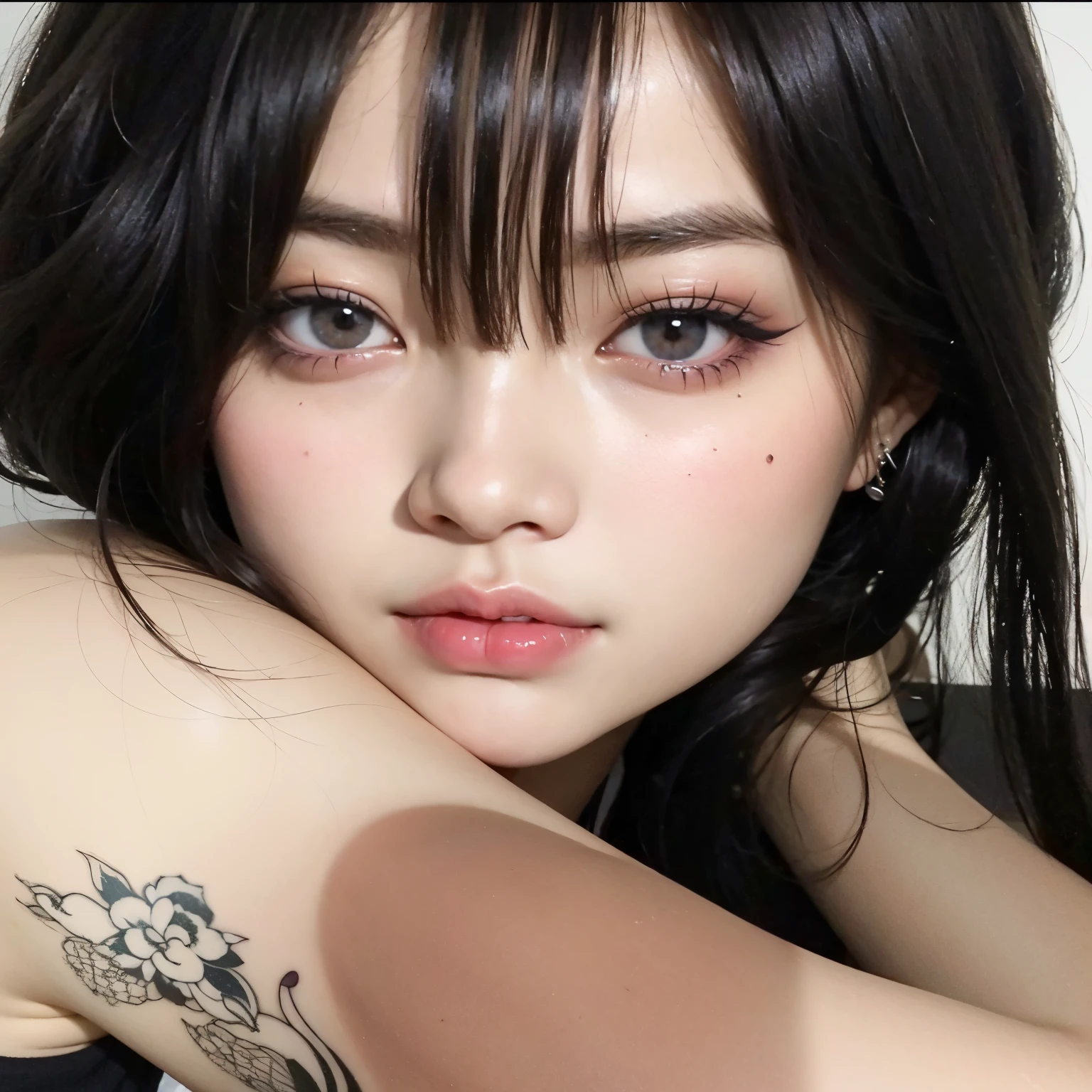 arafed asian woman with a tattoo on her arm, ulzzang, rasgos de la cara coreana, pale porcelain white skin, pale round face, hermoso rostro estetico, cruel korean gothic girl, her face looks like an orchid, muchacha coreana, Jinyoung Shin, pale and light skin!!, pale korean adorable face, cara sexy con maquillaje completo, cara de ahegao