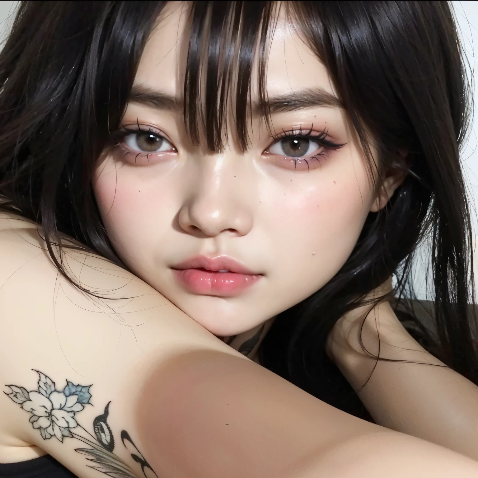 arafed asian woman with a tattoo on her arm, ulzzang, rasgos de la cara coreana, pale porcelain white skin, pale round face, hermoso rostro estetico, cruel korean gothic girl, her face looks like an orchid, muchacha coreana, Jinyoung Shin, pale and light skin!!, pale korean adorable face, cara sexy con maquillaje completo, cara de ahegao