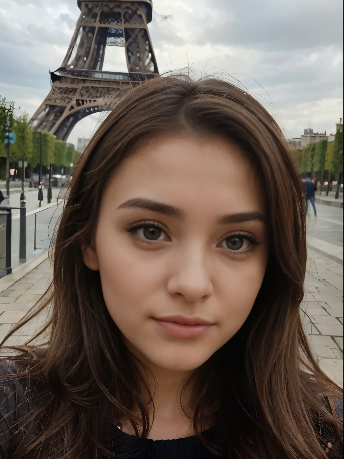 photo of a very pretty age girl, very realistic, in front of the Eiffel Tower, brown blond hair, very beautiful