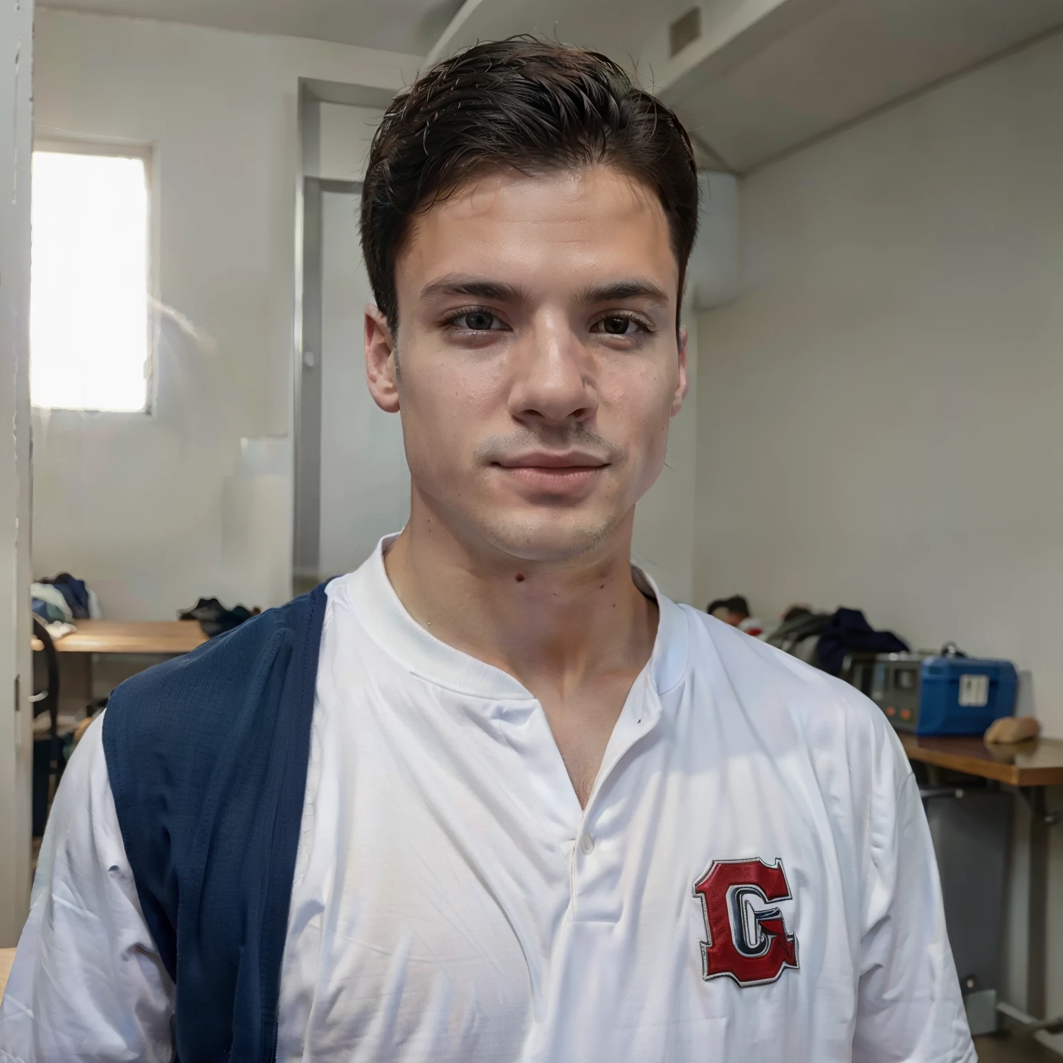 (masterpiece, best quality:1.2), (thanaki), portrait of a young handsome guy as a gymnastics athlete, identification photo, vintage athletic uniform, 80's, extremely detailed, hard focus, intricate, natural lighting, canon, 35 mm, posing in front of a plain background