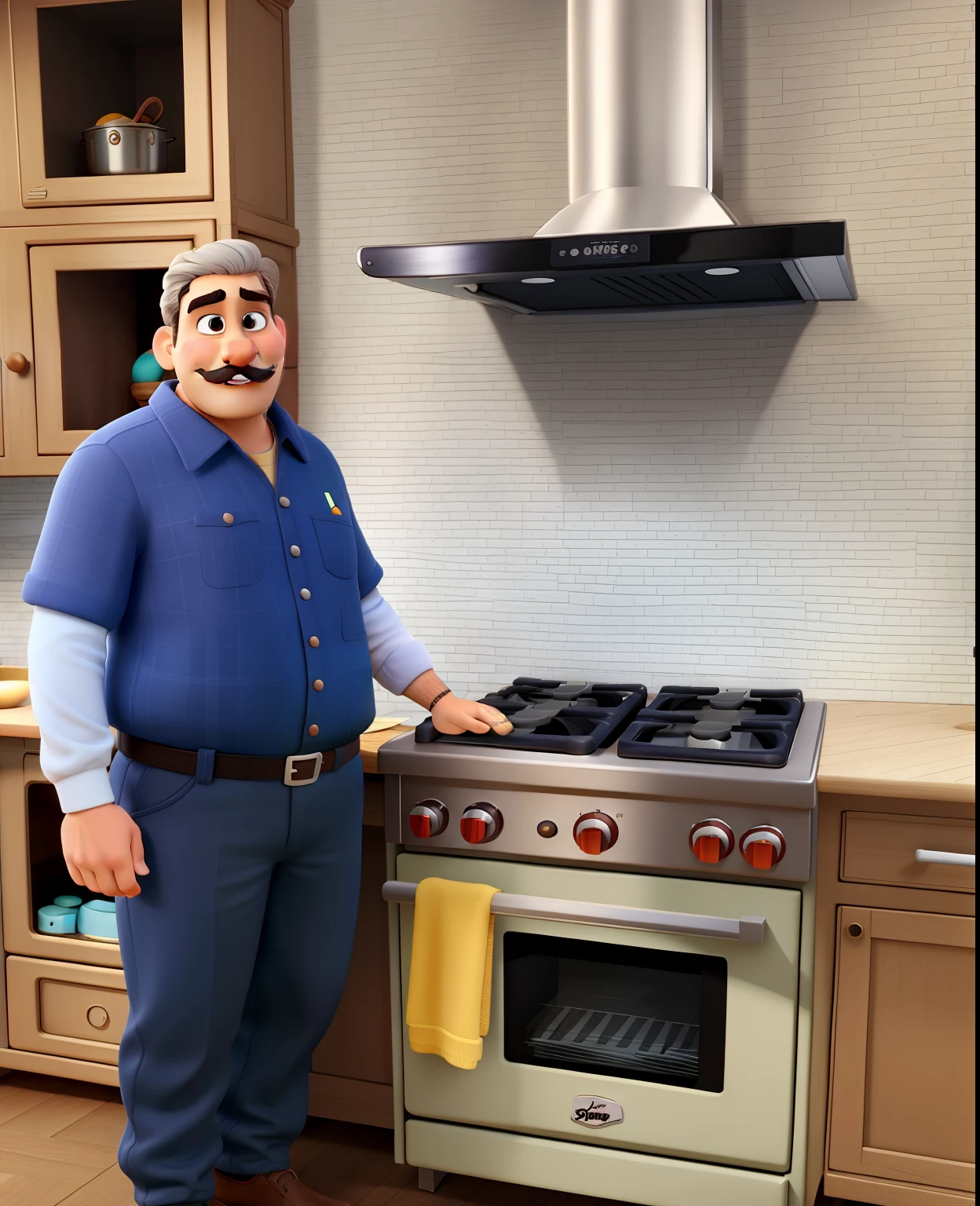 Um senhor de bigode estilo disney pixar, alta qualidade, melhor qualidade, standing by the stove