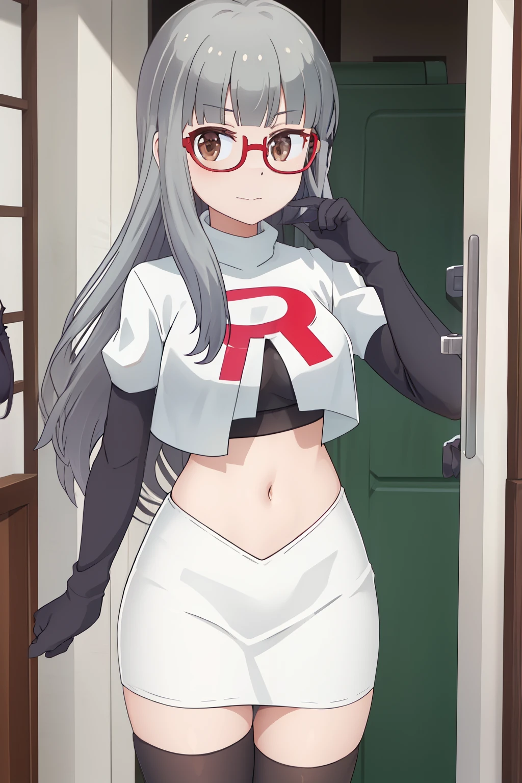 best quality, masterpiece, highres, solo, {hazuki_shizuku_newgame:1.15}, glasses, long_hair, red-framed_eyewear, grey_hair, bangs, semi-rimless_eyewear, under-rim_eyewear, brown_eyes, blunt_bangs, team rocket,team rocket uniform,white skirt,red letter R,crop top,black thigh-highs,black elbow gloves