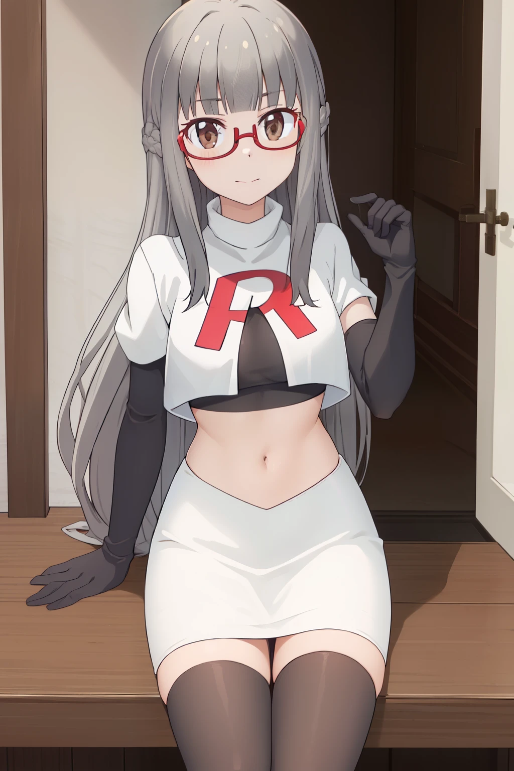 best quality, masterpiece, highres, solo, {hazuki_shizuku_newgame:1.15}, glasses, long_hair, red-framed_eyewear, grey_hair, bangs, semi-rimless_eyewear, under-rim_eyewear, brown_eyes, blunt_bangs, team rocket,team rocket uniform,white skirt,red letter R,crop top,black thigh-highs,black elbow gloves