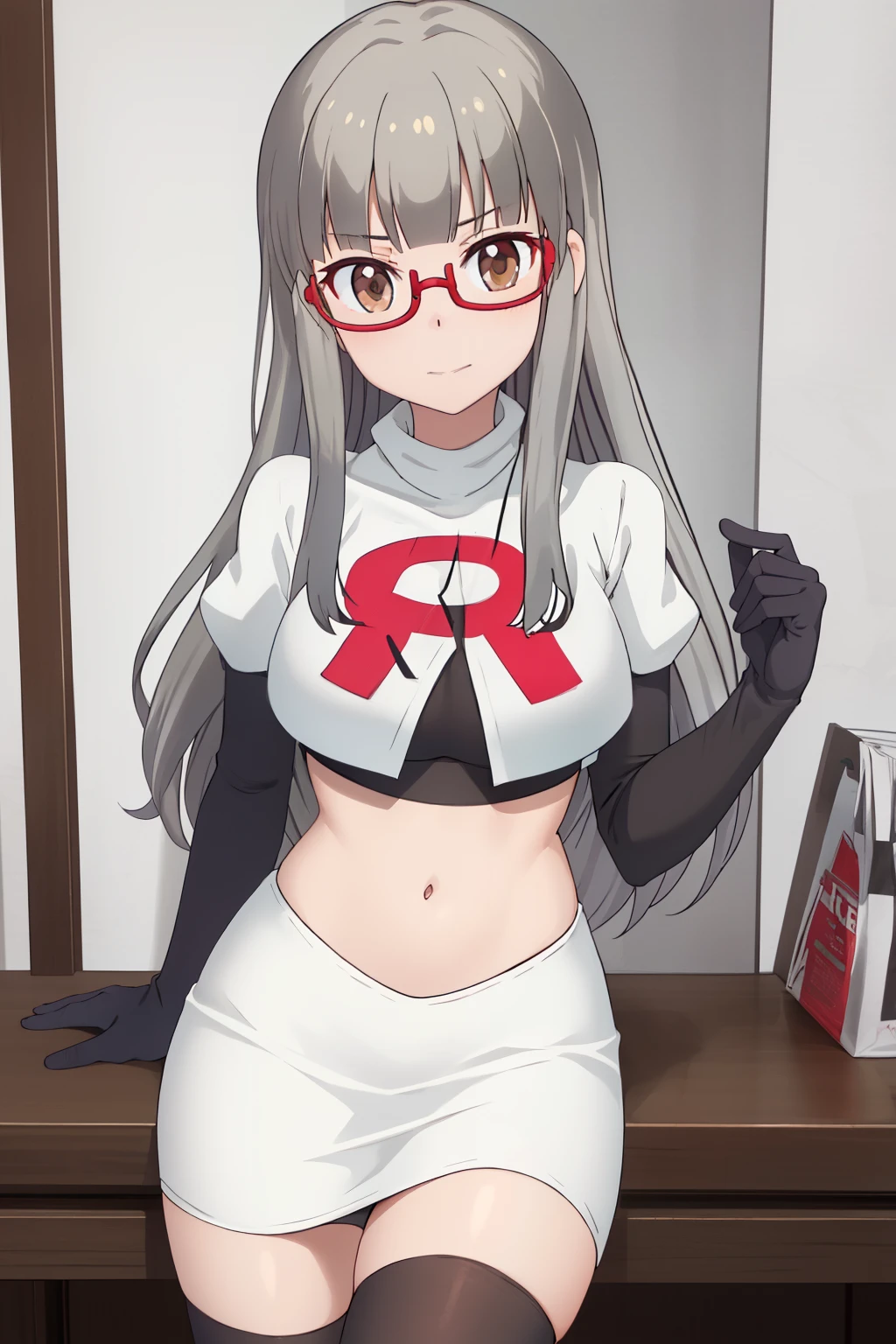 best quality, masterpiece, highres, solo, {hazuki_shizuku_newgame:1.15}, glasses, long_hair, red-framed_eyewear, grey_hair, bangs, semi-rimless_eyewear, under-rim_eyewear, brown_eyes, blunt_bangs, team rocket,team rocket uniform,white skirt,red letter R,crop top,black thigh-highs,black elbow gloves