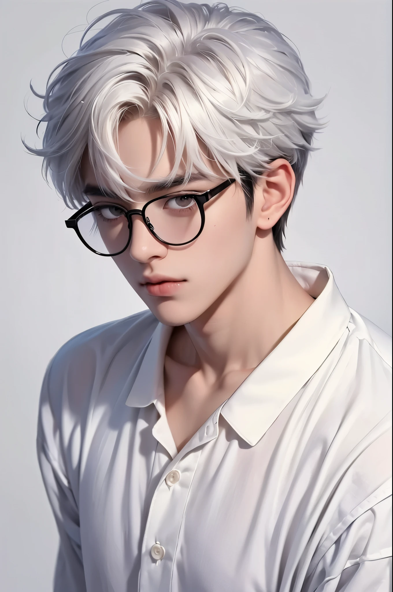 ​masterpiece, top-quality, realistic, 1 boy, korean, handsome, fluffy white hair, wearing black glasses, in pajamas, tired looking, white background, dark brown eyes, 22 years old, cute, soft, messy, hot boy, cute nose