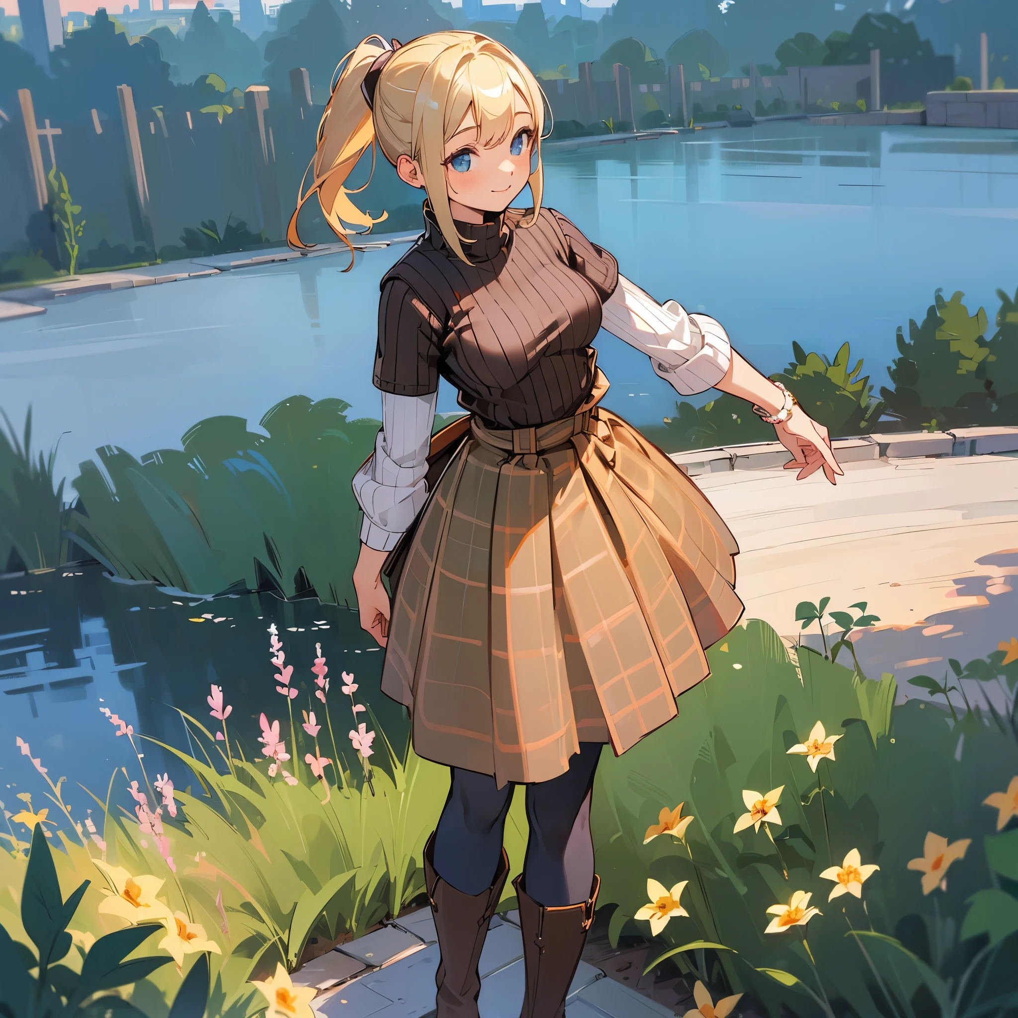 (high quality, high resolution, Super detailed, Reality:1.37), peaceful atmosphere, (outdoor, garden), girl standing alone, (My breasts are big.), Beautiful detailed features, cute smile, (Blonde ponytail), ribbed sweater, blue plaid skirt, Black tights, brown boots.