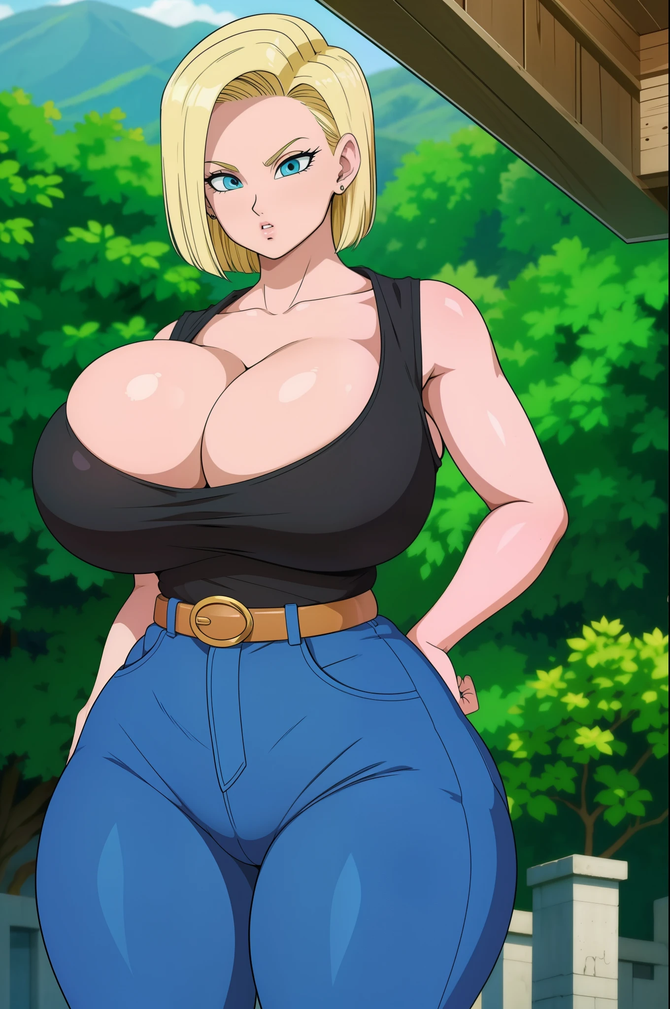 Masterpiece, high resolution, Dragon ball art style, android 18, 1girl, (((bimbo))), puffy lips, painted lips, thick lips, wide hips, thick thighs, huge breasts, huge ass, revealing cleavage, erotic, sexy face, bubble butt, Brazilian butt lift, camel toe, blue jeans, tight jeans, Black top, revealing cleavage, breasts bulge, 