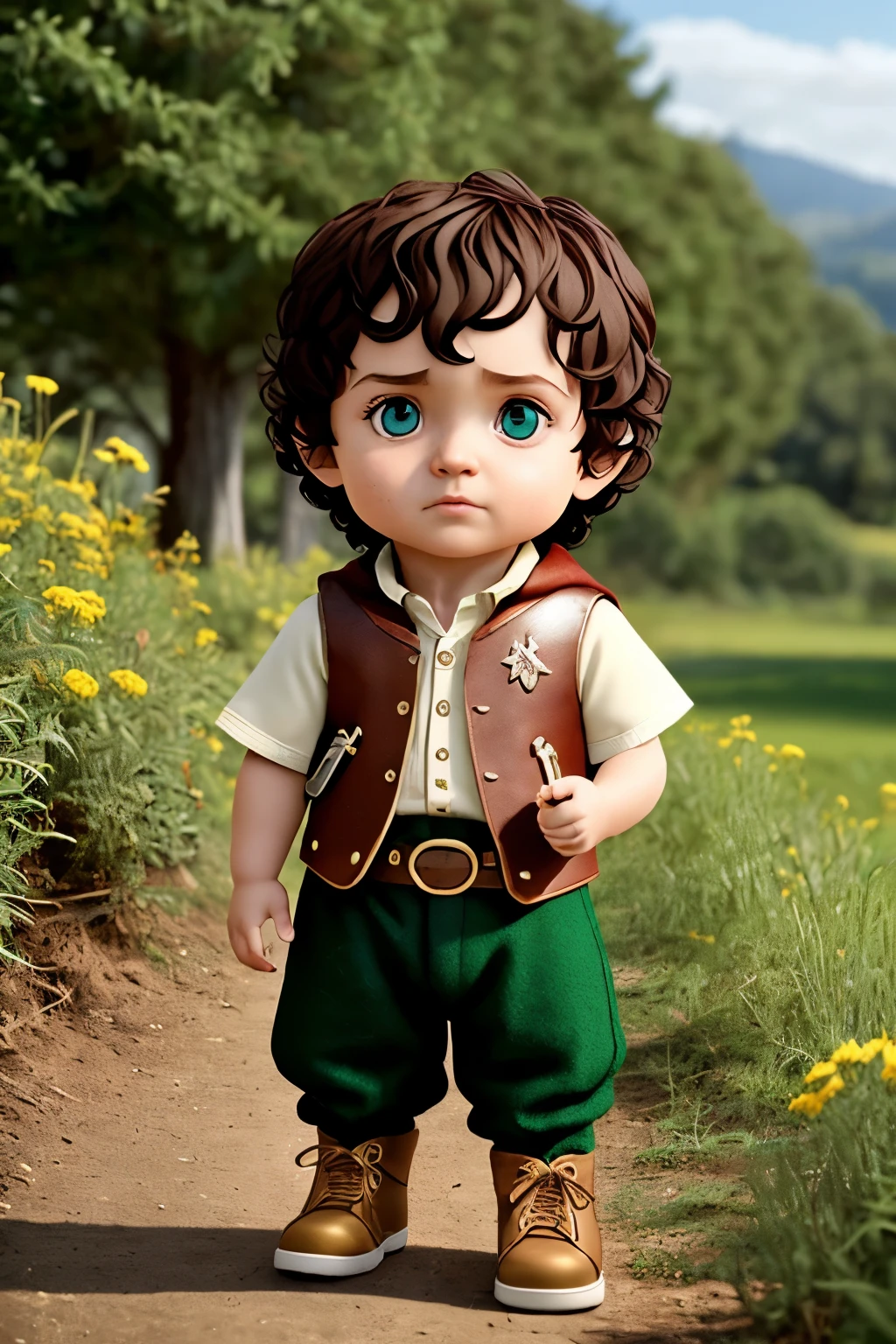 (cbzbb:1.25), portrait of cutest frodo baggins  illustration, artstation, (green embroidered shirt, belt with gold buckle, leather vest, brown shoes with gold buckles, green hooded cape), CGI_Animation, 