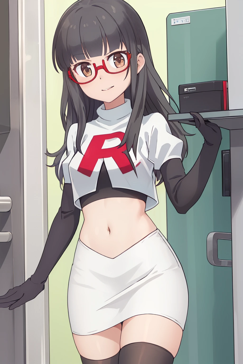 best quality, masterpiece, highres, solo, {hazuki_shizuku_newgame:1.15}, glasses, long_hair, red-framed_eyewear, grey_hair, bangs, semi-rimless_eyewear, under-rim_eyewear, brown_eyes, blunt_bangs, team rocket,team rocket uniform,white skirt,red letter R,crop top,black thigh-highs,black elbow gloves