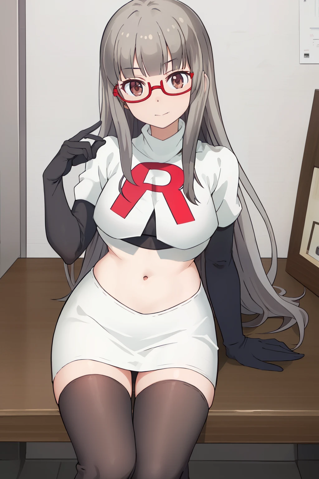 best quality, masterpiece, highres, solo, {hazuki_shizuku_newgame:1.15}, glasses, long_hair, red-framed_eyewear, grey_hair, bangs, semi-rimless_eyewear, under-rim_eyewear, brown_eyes, blunt_bangs, team rocket,team rocket uniform,white skirt,red letter R,crop top,black thigh-highs,black elbow gloves