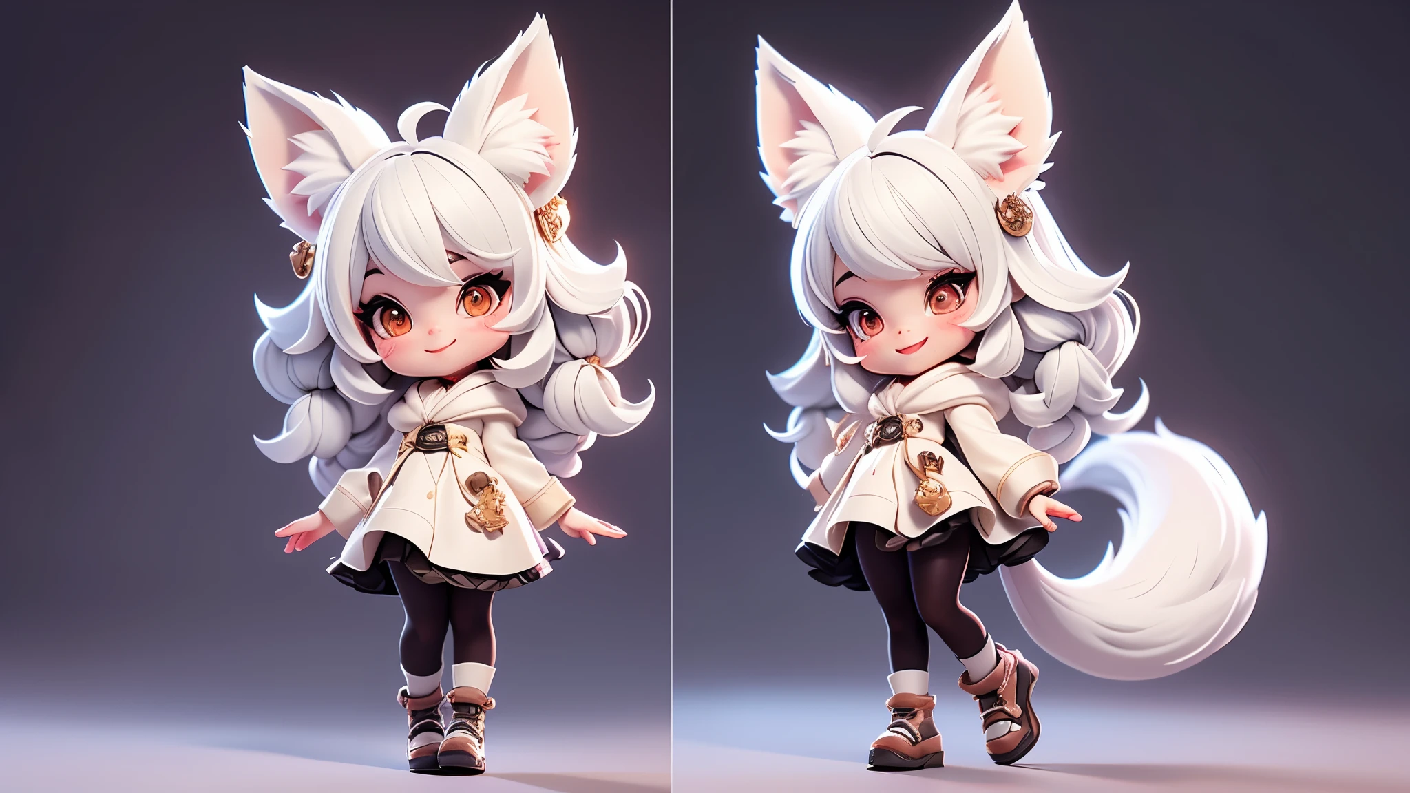 A girl with impressive white hair、Fox ears and tail、Hair Ornament、Black pantyhose、No sleeve、smile、cute shoes with accessories