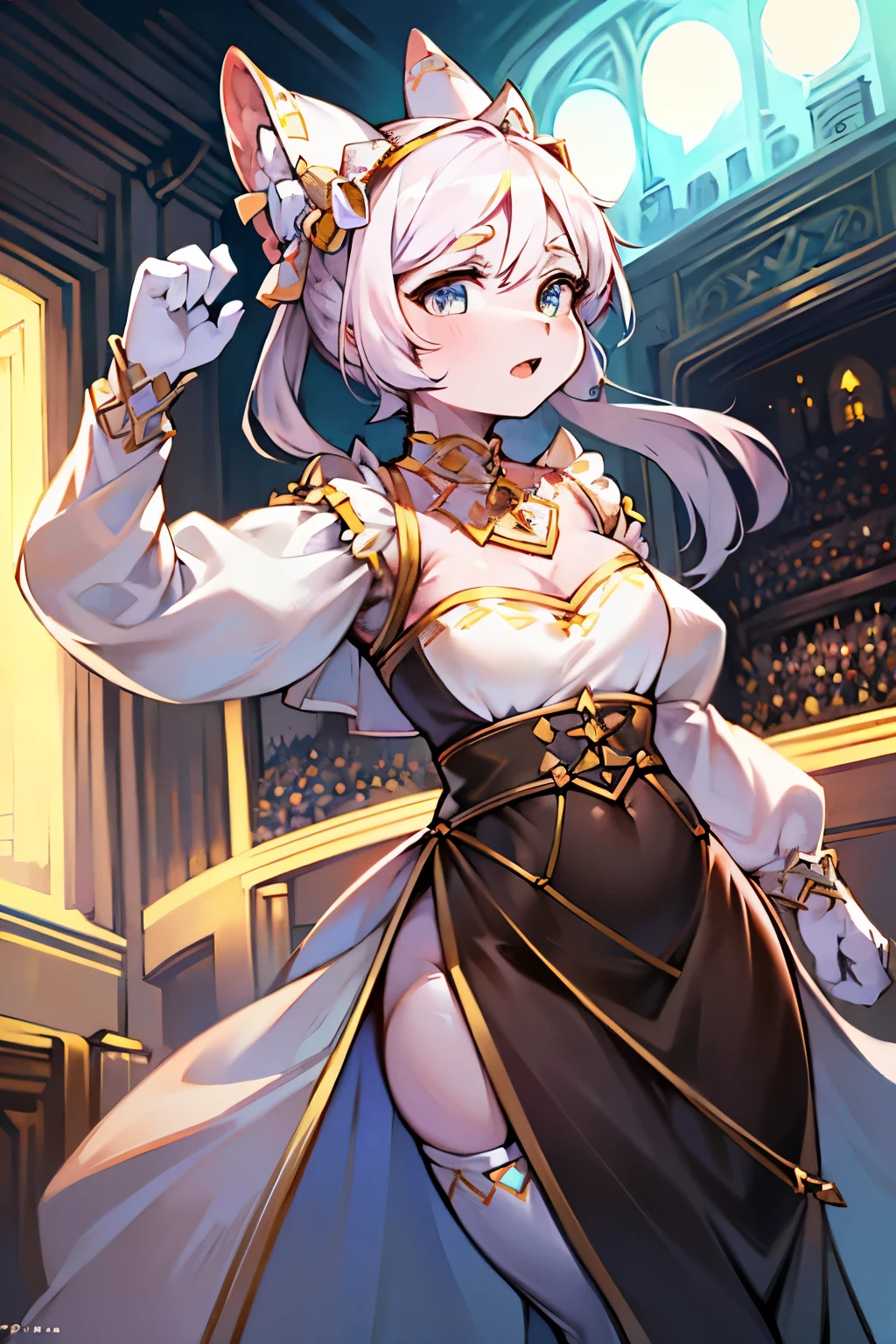 In the captivating image, an ethereal cosplayer stands with an open chest, revealing a pristine white belly adorned with intricate ear bows. The cosplay outfit includes a top that accentuates her chest, drawing the audience's gaze. White calf socks peek out from under her outfit, adding a playful touch to the overall ensemble. With this captivating setup, she is ready to bring her cosplay character to life. (Character focus:1.1, Detailed background:0.7, Dynamic poses:0.8, Cosplay:1.2)