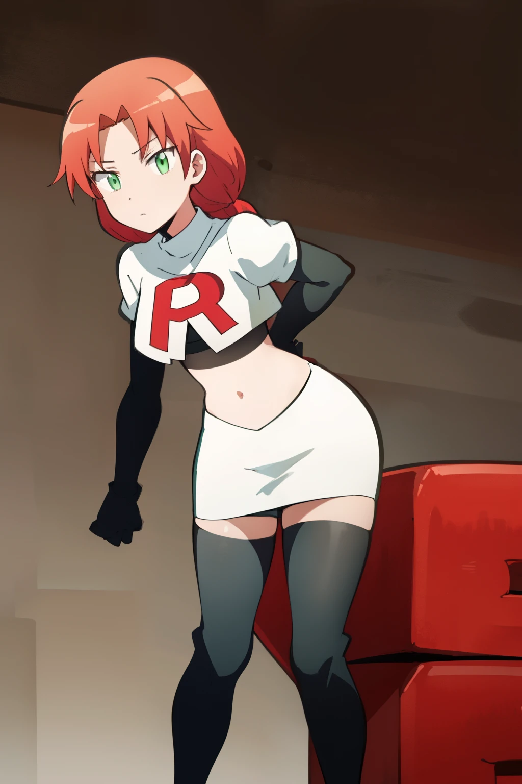 masterpiece, highres, ultra high res, best quality, RinkaHayamiR4, red hair, green eyes, simple background, team rocket,team rocket uniform,white skirt,red letter R,crop top,black thigh-highs,black elbow gloves