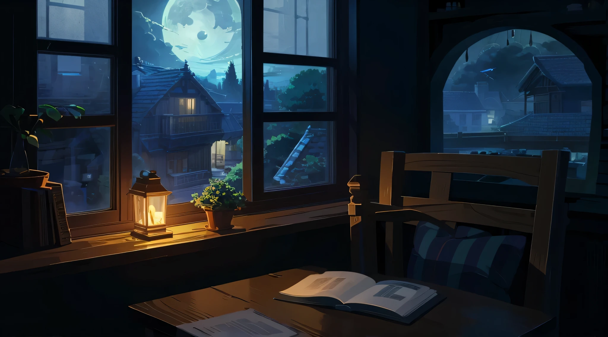 Ghibli style,Relaxing time,In the house at night,gentle lights,old house,Girl listening to music,study,coffee,Moonlight from the window