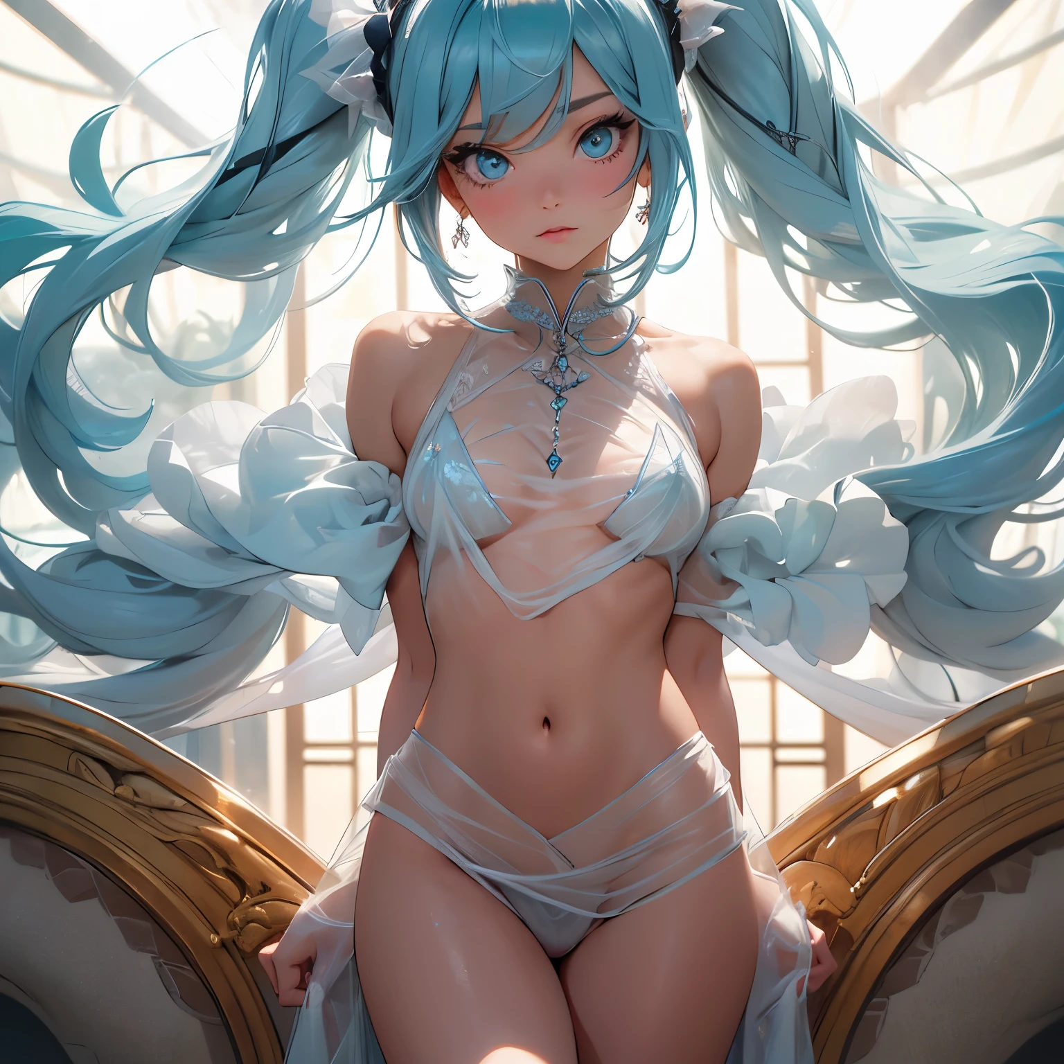 (quality)), ((masterpiece)), Recommended resultsluffly、(see through:1.5)、whole body 、Swollen nipples,straighten your back、huge bust、angle to floor:1.2、low camera angle、Hair loss on crotch、Whole body facing the camera,Hair can be seen on the crotch,Hatsune Miku, (masterpiece),(最好的quality), girl,((ultra-detailed)), (highly detailed CG 插图),(poker face),, (masterpiece:1.16), (最好的quality:1.32),(meticulous_detail),(high resolution:1.1),(best lighting:1.1), (best shadow:1.1), (extremely delicate and beautiful,suitable configuration),(ultra precision_put up:1.2),,(bold ,detail),(Thick_dense_skin:1.16),(ultra precision skin:1.16),bold_eyelash,(Soft cheeks:1),White background, The mechanism is complex, Two identical eyes, poker face, Off-the-shoulder set, thigh, decadent,glowing hair