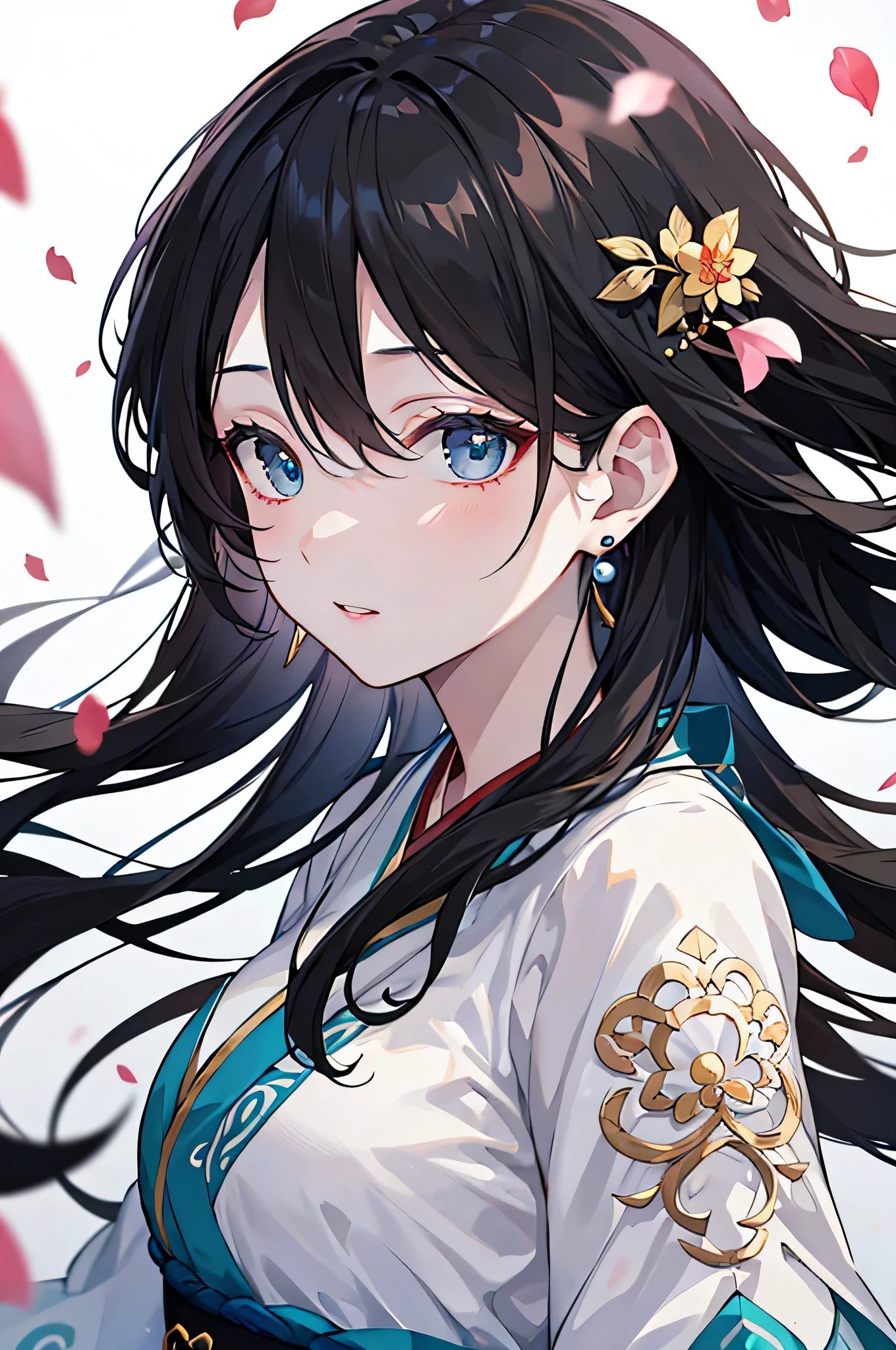 Mature girl , black hair, floating hair, delicate and smart eyes, intricate damask hanfu, gorgeous accessories, wearing pearl earrings, FOV, f1.8, masterpiece, complex scene, petals flying, front portrait shot, Chang'e2