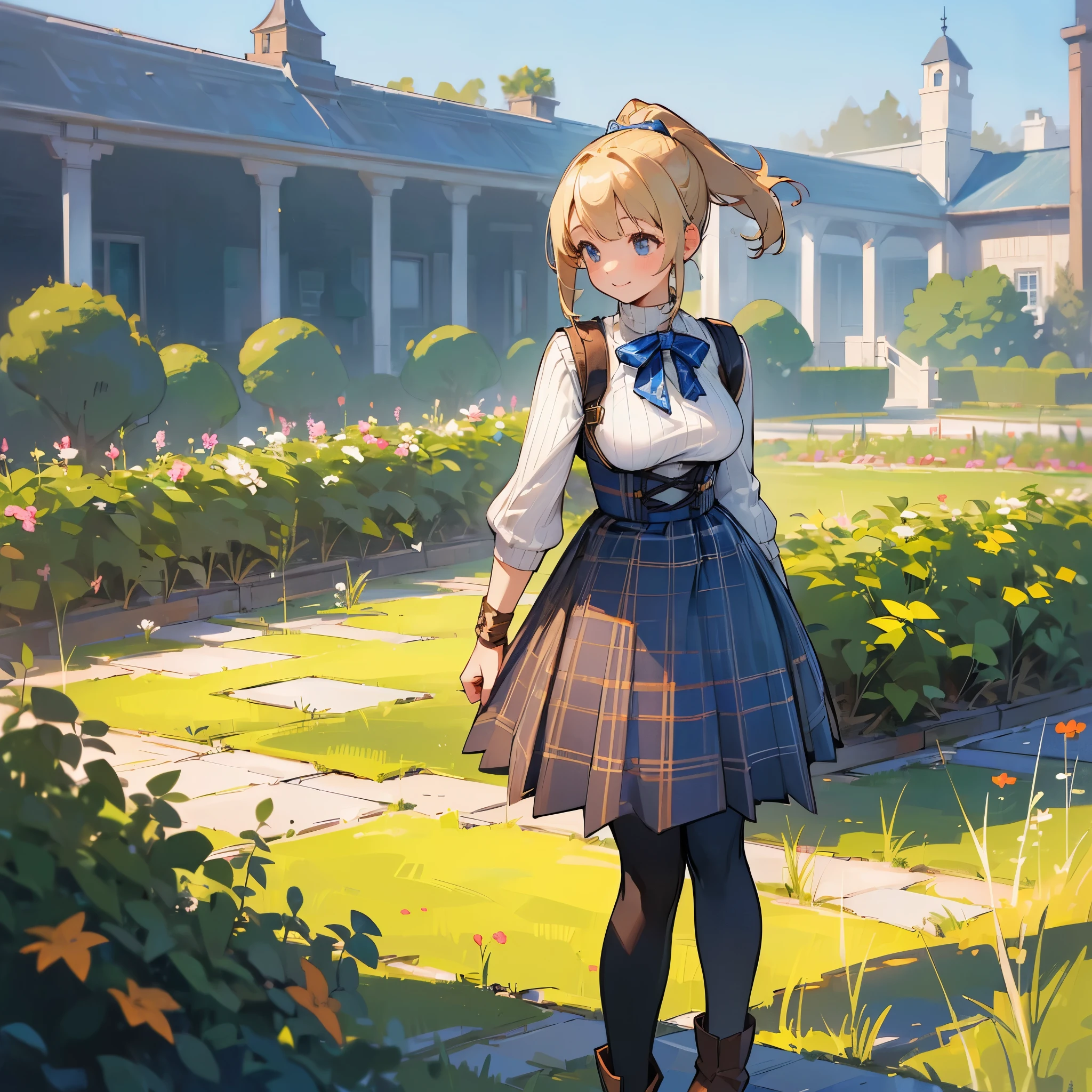 (high quality, high resolution, Super detailed, Reality:1.37), peaceful atmosphere, (outdoor, garden), Teenage girl standing alone, (My breasts are big.), Beautiful detailed features, cute smile, (Blonde ponytail), ribbed sweater, blue plaid skirt, Black tights, brown boots.