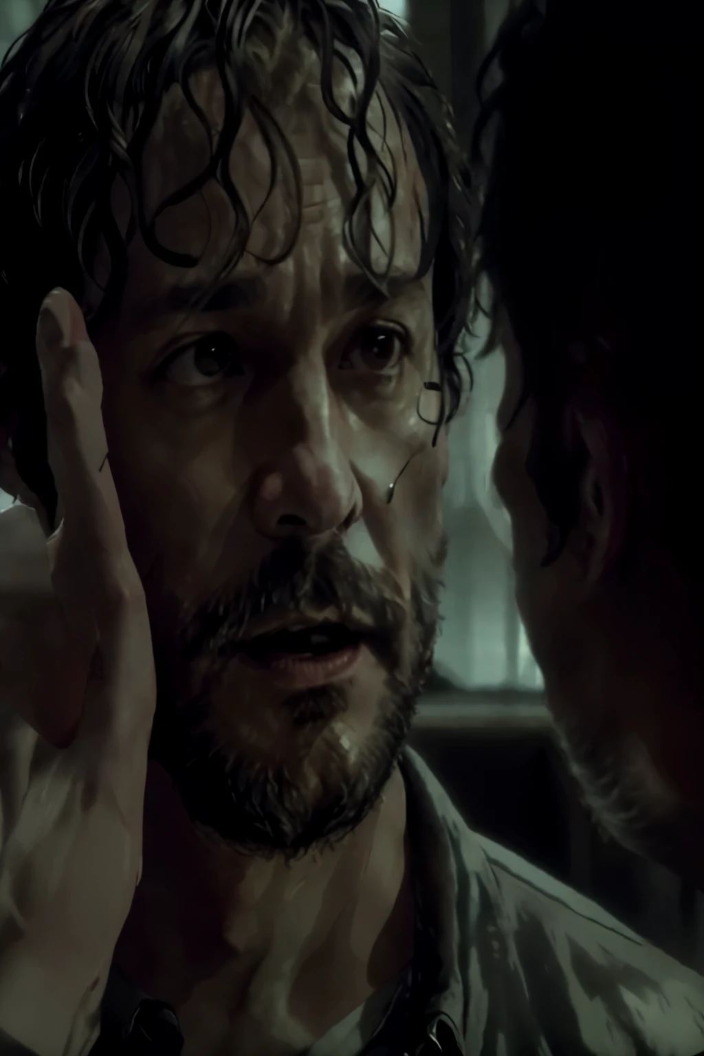 a man with wet hair and beard is talking to another man, Will Graham, Hannibal, Charlie Cox, Tom Burke, Lubezki, Hannibal lector, Scene from the movie up close, movie screen shot, Tarkovski greatest scene, Tarkovski, At the Westworld show, Tarkovski scene, andrei Tarkovski scene, screenshot from the film, screenshot from a movie, Still DND Movie, taehyung, bts, taehyung bts