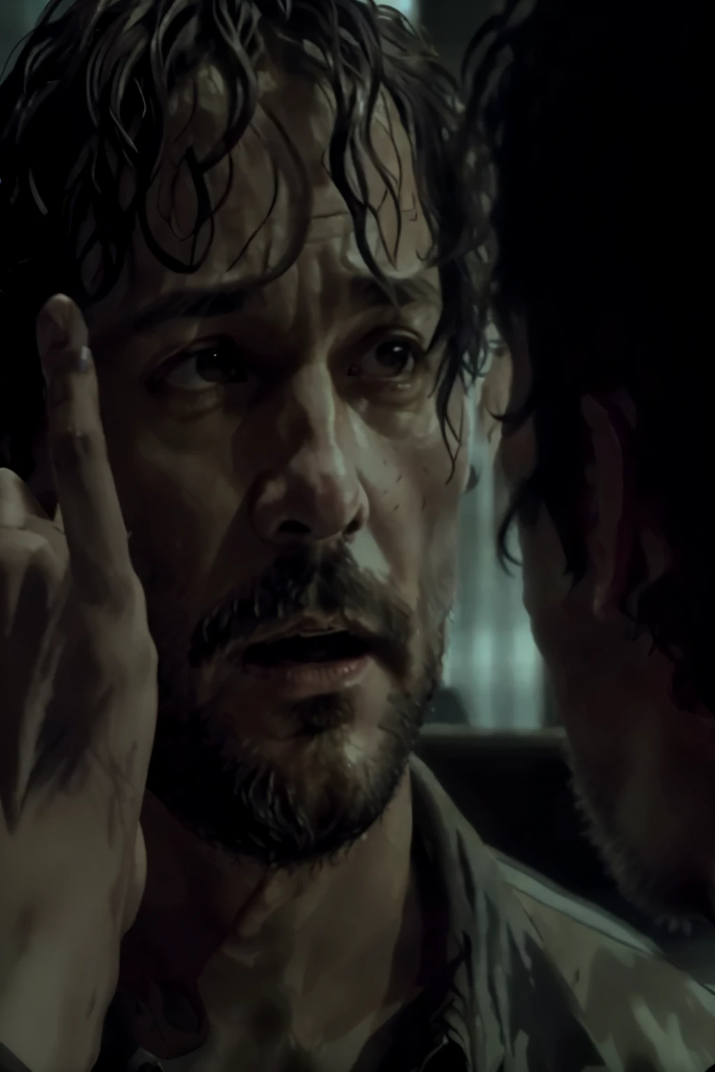 a man with wet hair and beard is talking to another man, Will Graham, Hannibal, Charlie Cox, Tom Burke, Lubezki, Hannibal lector, Scene from the movie up close, movie screen shot, Tarkovski greatest scene, Tarkovski, At the Westworld show, Tarkovski scene, andrei Tarkovski scene, screenshot from the film, screenshot from a movie, Still DND Movie, taehyung, bts, taehyung bts