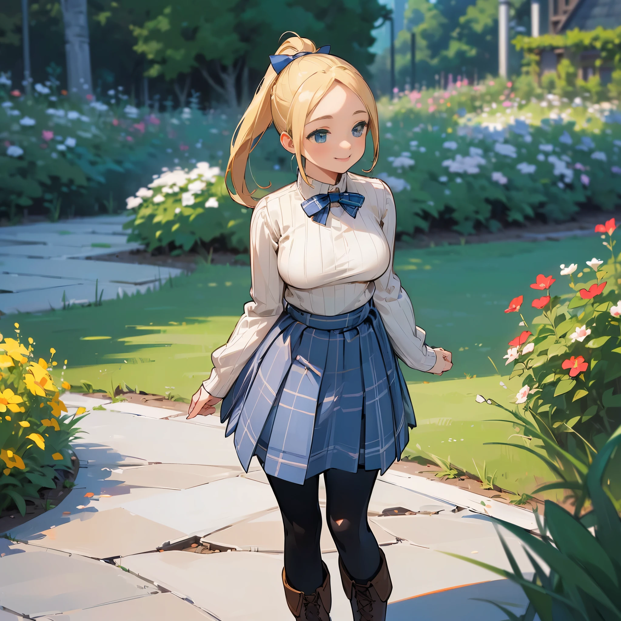 (high quality, high resolution, Super detailed, Reality:1.37), peaceful atmosphere, (outdoor, garden), Teenage girl standing alone, (My breasts are big.), Beautiful detailed features, cute smile, (Blonde ponytail), ribbed sweater, blue plaid skirt, Black tights, brown boots.