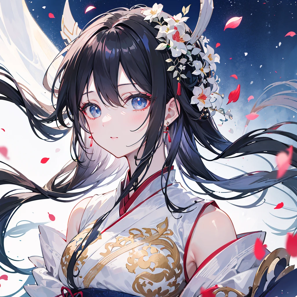 Mature girl , black hair, floating hair, delicate and smart eyes, intricate damask hanfu, gorgeous accessories, wearing pearl earrings, FOV, f1.8, masterpiece, complex scene, petals flying, front portrait shot, Chang'e2