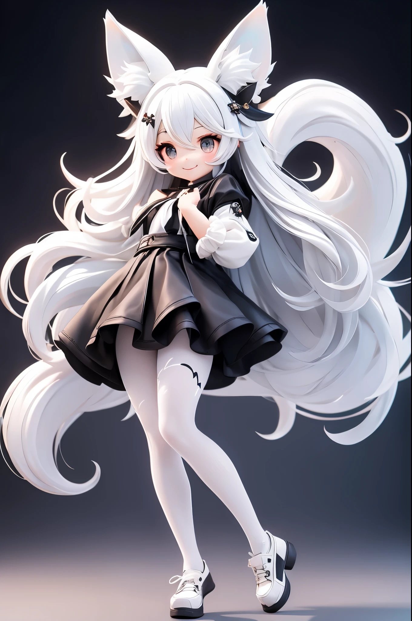 A girl with impressive white hair、Fox ears and tail、Hair Ornament、Black pantyhose、No sleeve、smile、cute shoes with accessories