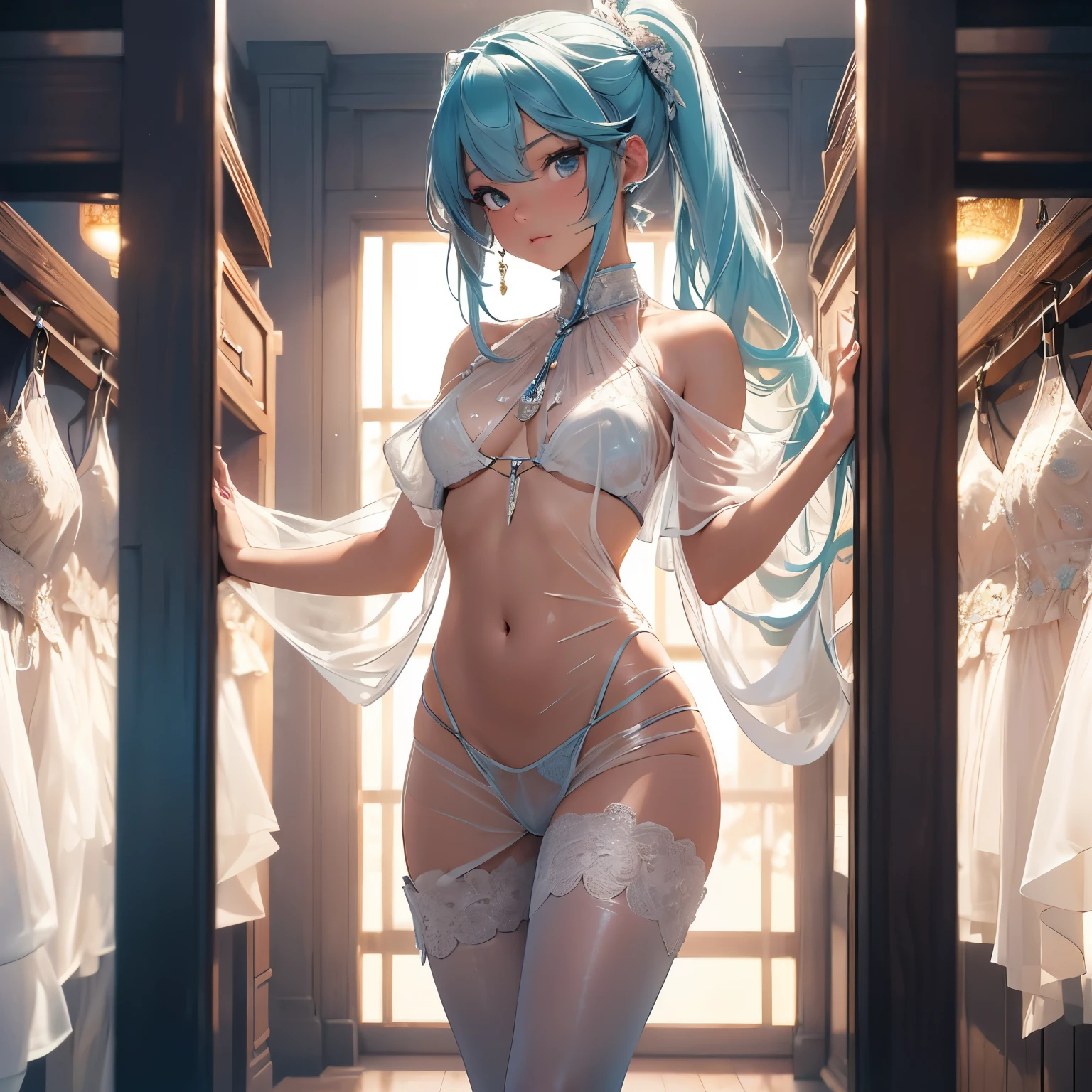 (quality)), ((masterpiece)), Recommended resultsluffly、(see through:1.5)、whole body 、Swollen nipples，straighten your back、huge bust、angle to floor:1.2、low camera angle、Hair loss on crotch、Whole body facing the camera，Hair can be seen on the ??????，Hatsune Miku, (masterpiece),(最好的quality), girl,((ultra-detailed)), (highly detailed CG 插图),(poker face),, (masterpiece:1.16), (最好的quality:1.32),(meticulous_detail),(high resolution:1.1),(best lighting:1.1), (best shadow:1.1), (extremely delicate and beautiful，suitable configuration),(ultra precision_put up:1.2),,(bold ，detail),(Thick_dense_skin:1.16),(ultra precision skin:1.16),bold_eyelash,(Soft cheeks:1),White background,  The mechanism is complex, Two identical eyes, poker face, Off-the-shoulder set, thigh, decadent,glowing hair
